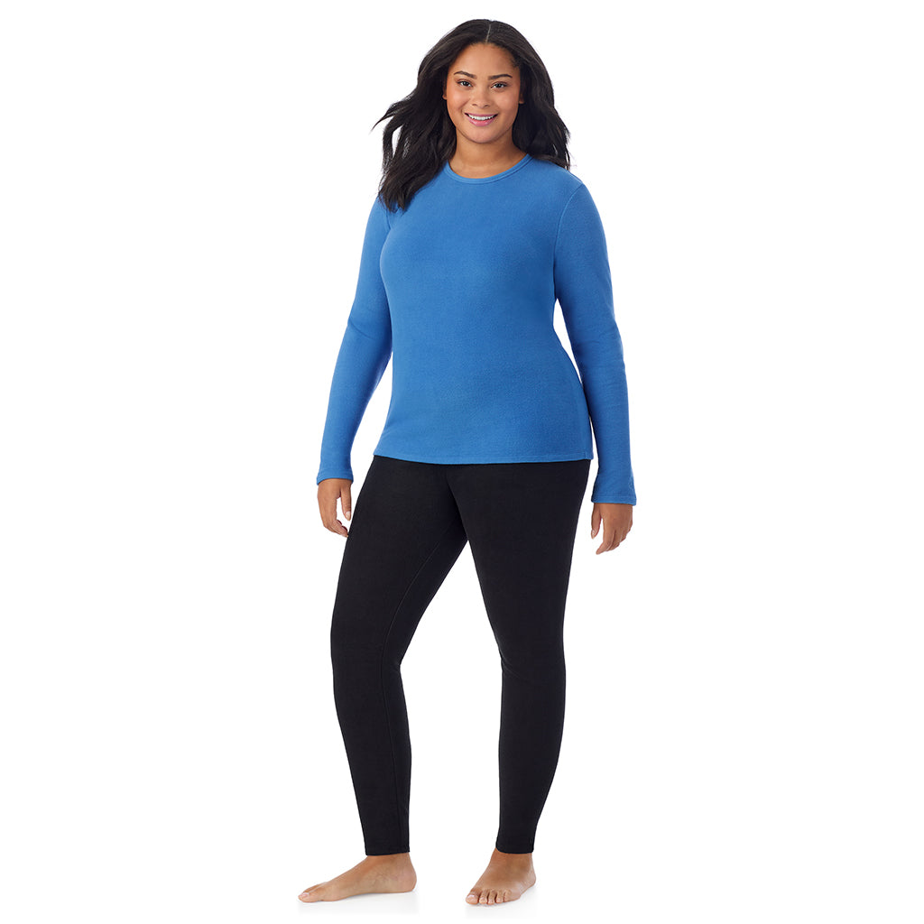 Blue Comet;Model is wearing size 1X. She is 5'11", Bust 36", Waist 36.5", Hips 47.5".@A lady wearing Blue Comet fleecewear with stretch long sleeve crew plus.