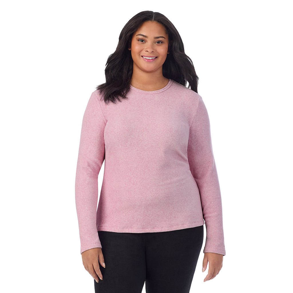 Mauve Mist Heather;Model is wearing size 1X. She is 5'11", Bust 36", Waist 36.5", Hips 47.5".@A lady wearing Mauve Mist Heather fleecewear with stretch long sleeve crew plus.