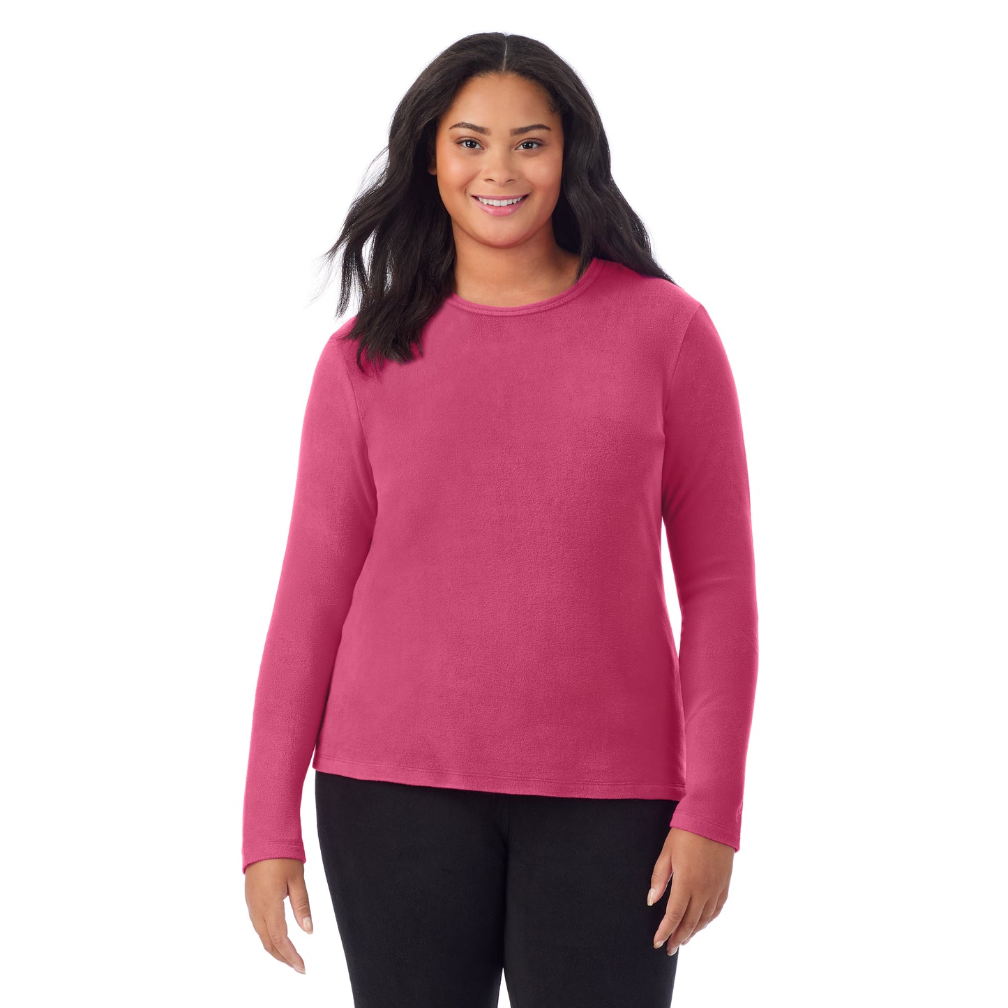 Very Berry;Model is wearing size 1X. She is 5'11", Bust 36", Waist 36.5", Hips 47.5".@A lady wearing Very Berry fleecewear with stretch long sleeve crew plus.