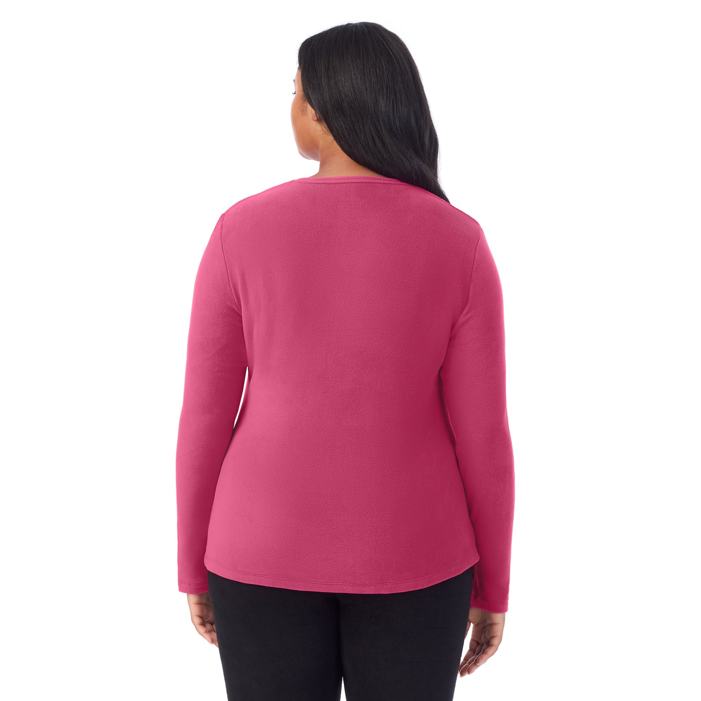Very Berry;Model is wearing size 1X. She is 5'11", Bust 36", Waist 36.5", Hips 47.5".@A lady wearing Very Berry fleecewear with stretch long sleeve crew plus.