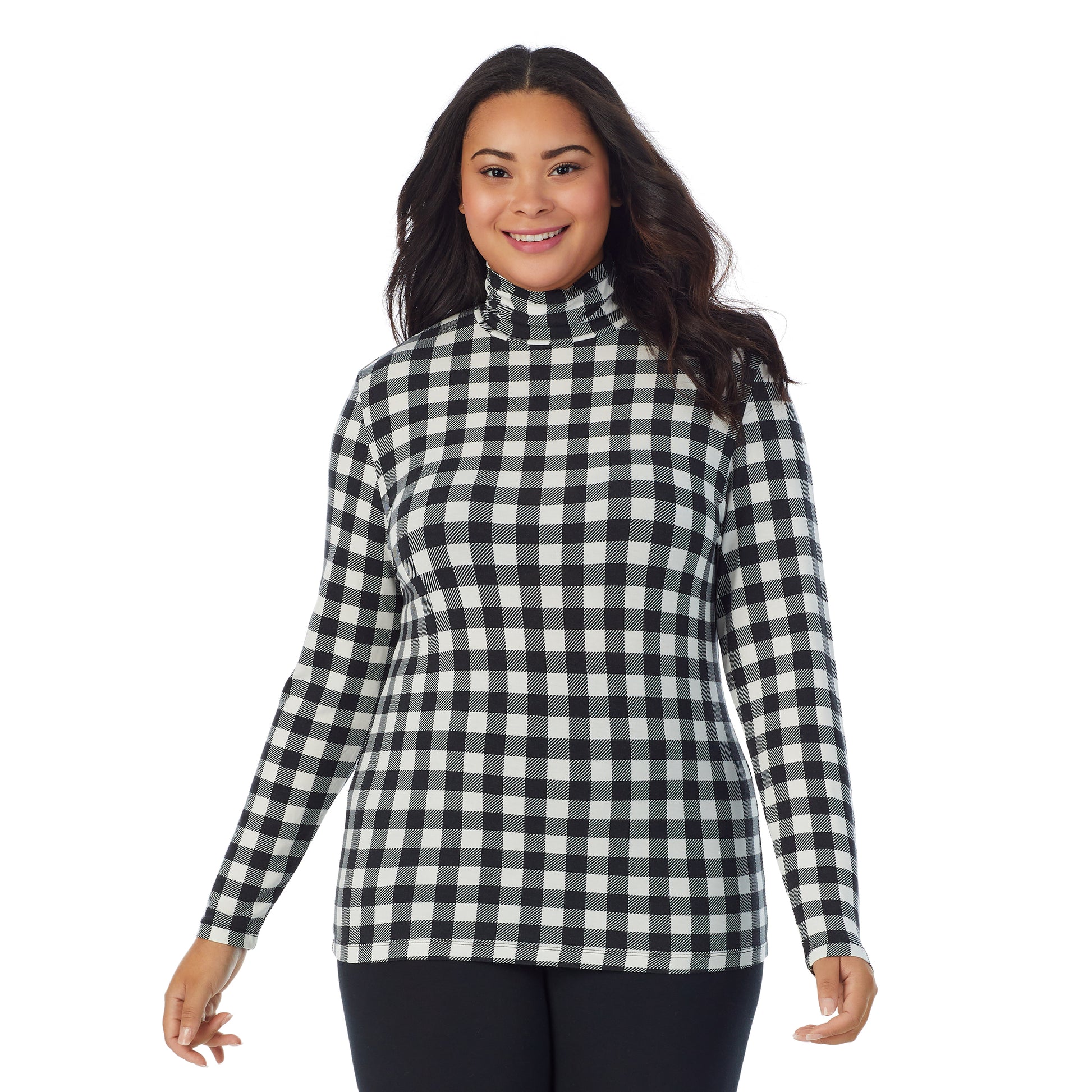 A lady wearing ivory buffalo long sleeve turtleneck plus softwear with stretch top.