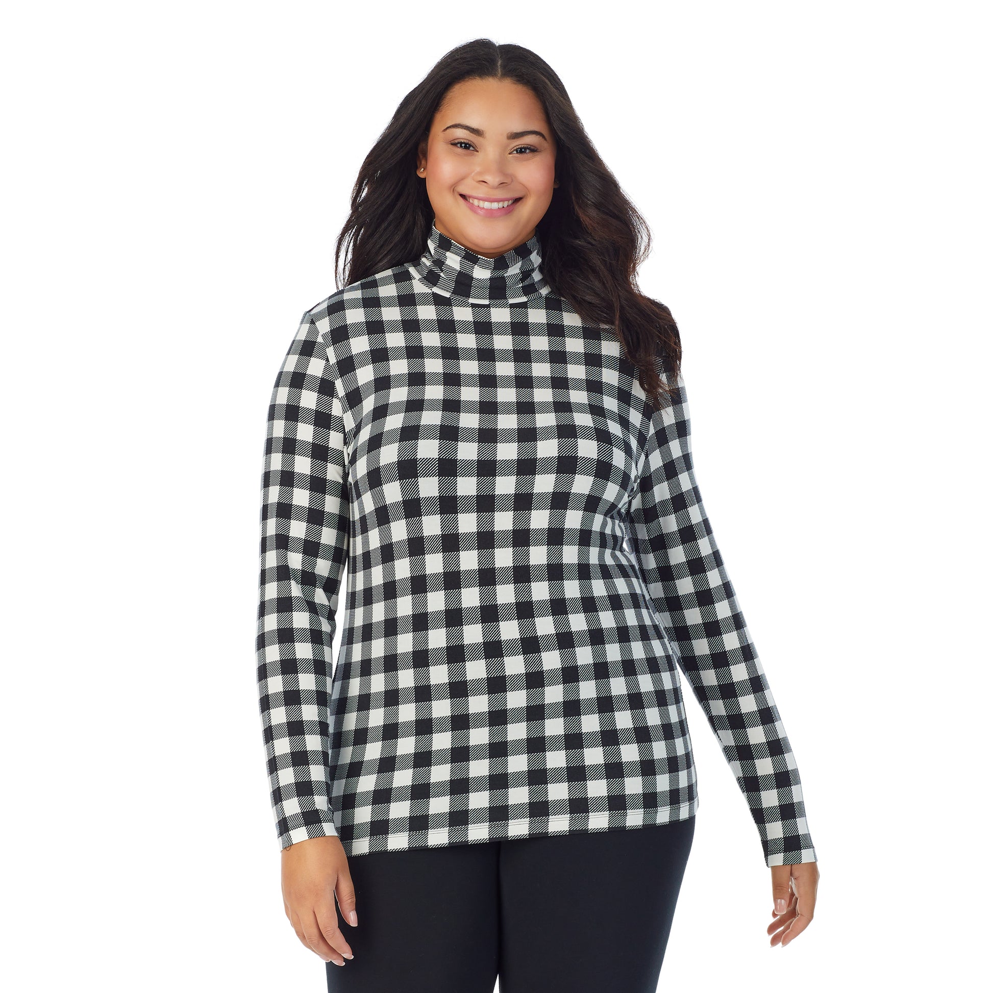 A lady wearing ivory buffalo long sleeve turtleneck plus softwear with stretch top.