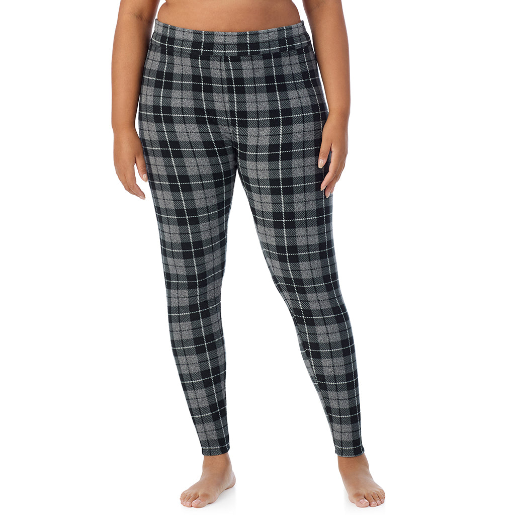 Charcoal Heather Tartan; Model is wearing size 1X. She is 5'11", Bust 36", Waist 36.5", Hips 47.5".@ A Lady is wearing Charcoal Heather Tartan Fleecewear With Stretch Legging PLUS !94% Recycled Polyester, 6% Spandex !