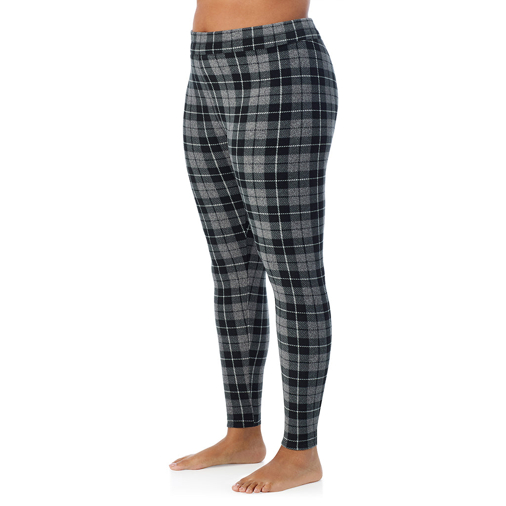Charcoal Heather Tartan; Model is wearing size 1X. She is 5'11", Bust 36", Waist 36.5", Hips 47.5".@ A Lady is wearing Charcoal Heather Tartan Fleecewear With Stretch Legging PLUS !94% Recycled Polyester, 6% Spandex !