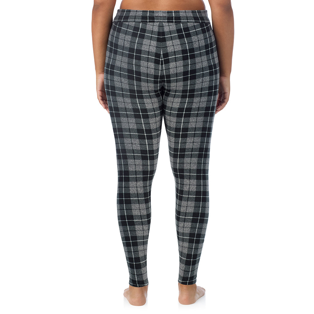 Charcoal Heather Tartan; Model is wearing size 1X. She is 5'11", Bust 36", Waist 36.5", Hips 47.5".@ A Lady is wearing Charcoal Heather Tartan Fleecewear With Stretch Legging PLUS !94% Recycled Polyester, 6% Spandex !