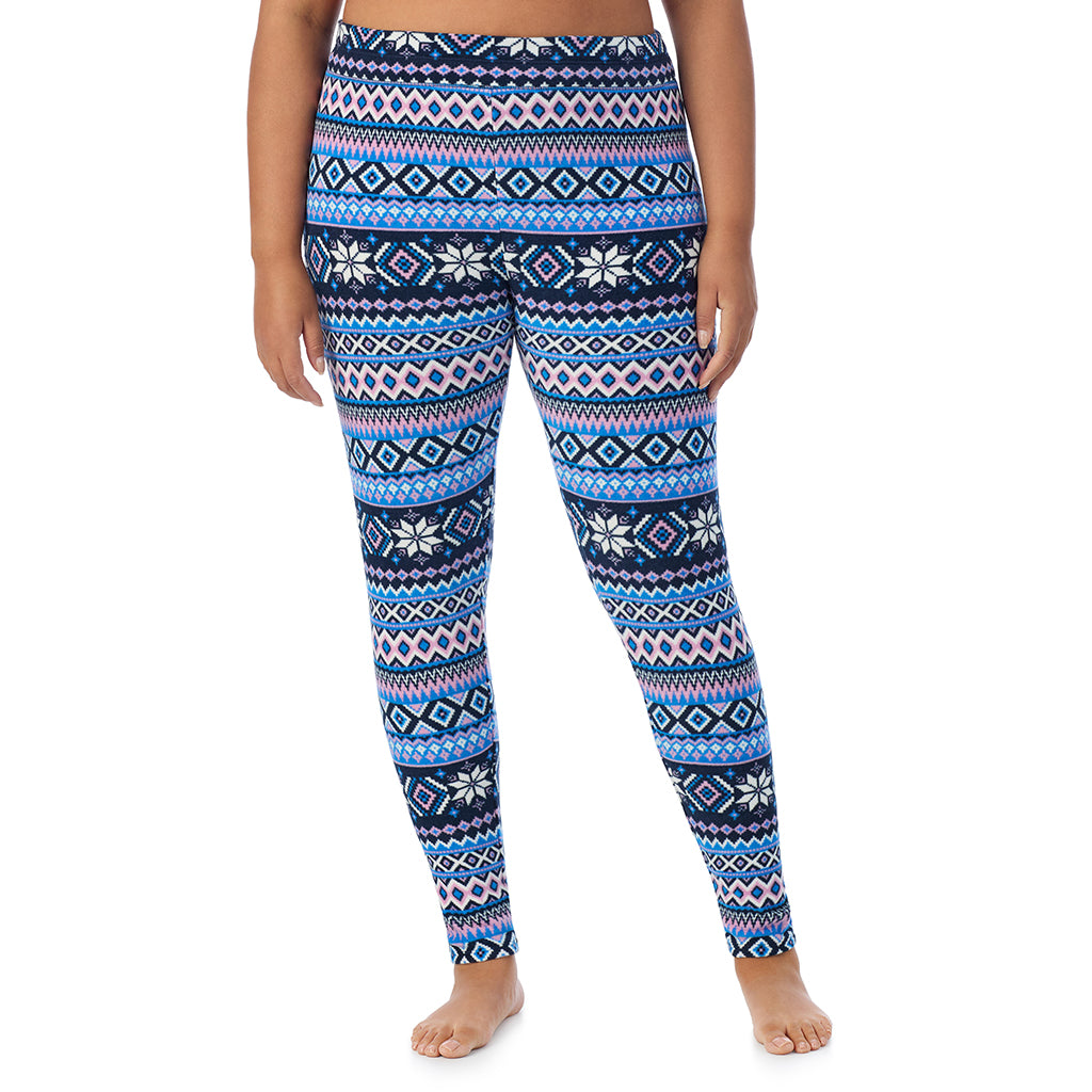 Blue Fairisle; Model is wearing size 1X. She is 5'11", Bust 36", Waist 36.5", Hips 47.5".@ A Lady is wearing Blue Fairisle Fleecewear With Stretch Legging PLUS !94% Recycled Polyester, 6% Spandex !