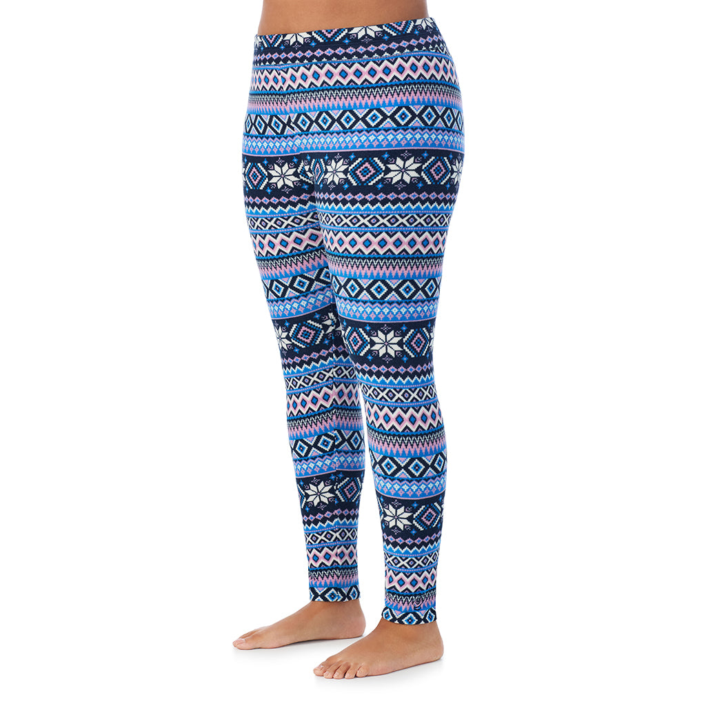 Blue Fairisle; Model is wearing size 1X. She is 5'11", Bust 36", Waist 36.5", Hips 47.5".@ A Lady is wearing Blue Fairisle Fleecewear With Stretch Legging PLUS !94% Recycled Polyester, 6% Spandex !