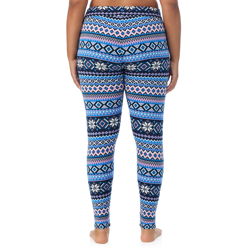 Blue Fairisle; Model is wearing size 1X. She is 5'11", Bust 36", Waist 36.5", Hips 47.5".@ A Lady is wearing Blue Fairisle Fleecewear With Stretch Legging PLUS !94% Recycled Polyester, 6% Spandex !