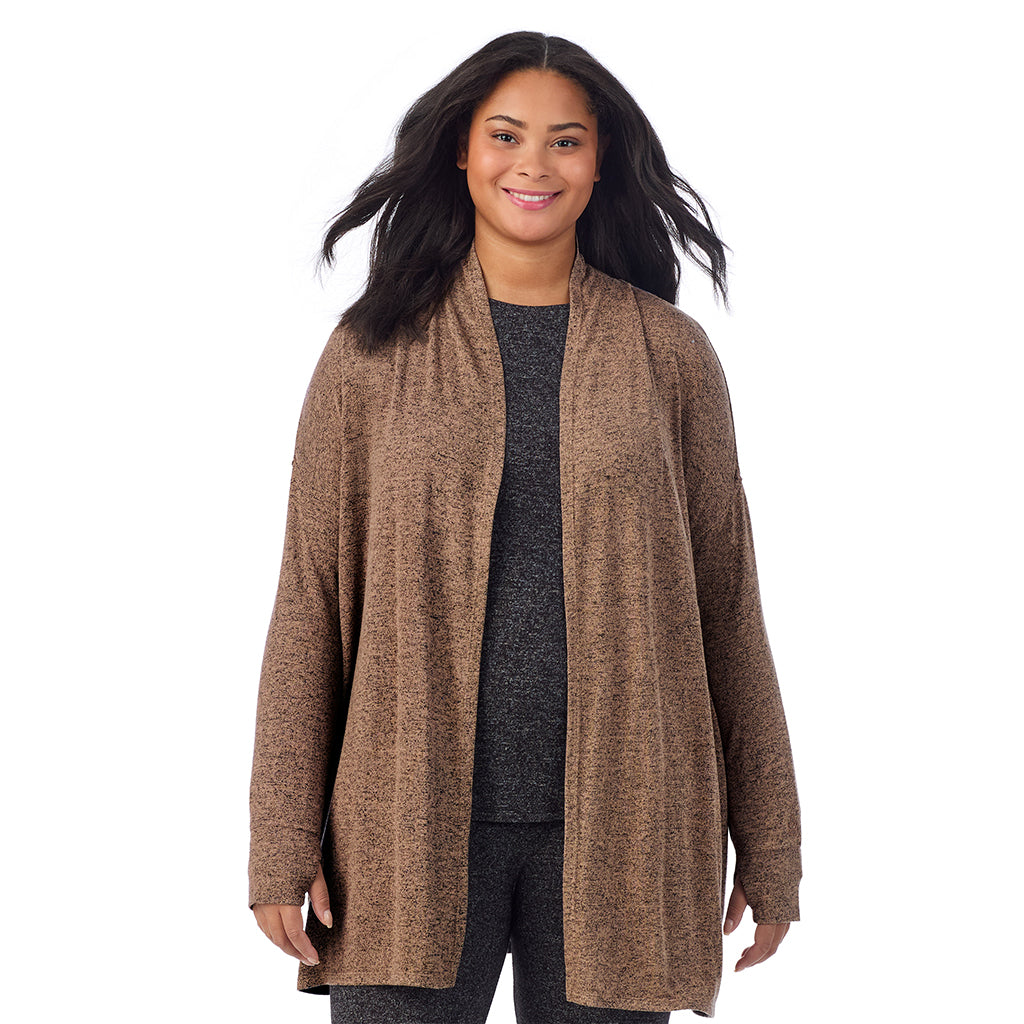 Marled Walnut Taupe; Model is wearing size 1X. She is 5'11", Bust 36", Waist 36.5", Hips 47.5".@ A Lady is wearing Marled Walnut Taupe Soft Knit Wrap PLUS
