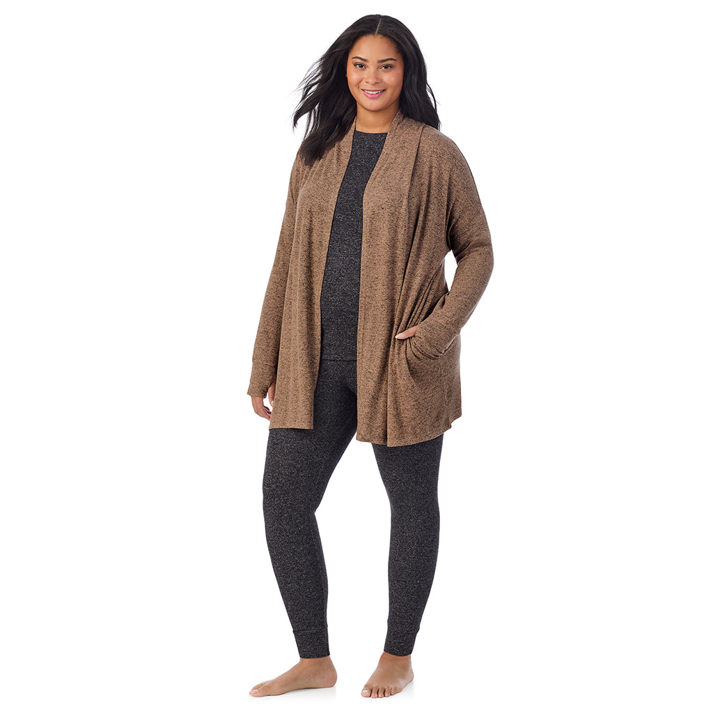 Marled Walnut Taupe; Model is wearing size 1X. She is 5'11", Bust 36", Waist 36.5", Hips 47.5".@ A Lady is wearing Marled Walnut Taupe Soft Knit Wrap PLUS