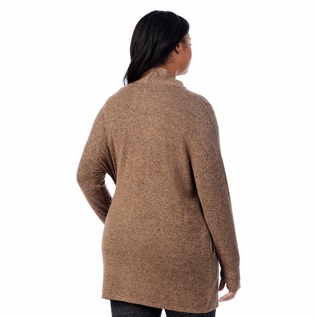 Marled Walnut Taupe; Model is wearing size 1X. She is 5'11", Bust 36", Waist 36.5", Hips 47.5".@ A Lady is wearing Marled Walnut Taupe Soft Knit Wrap PLUS