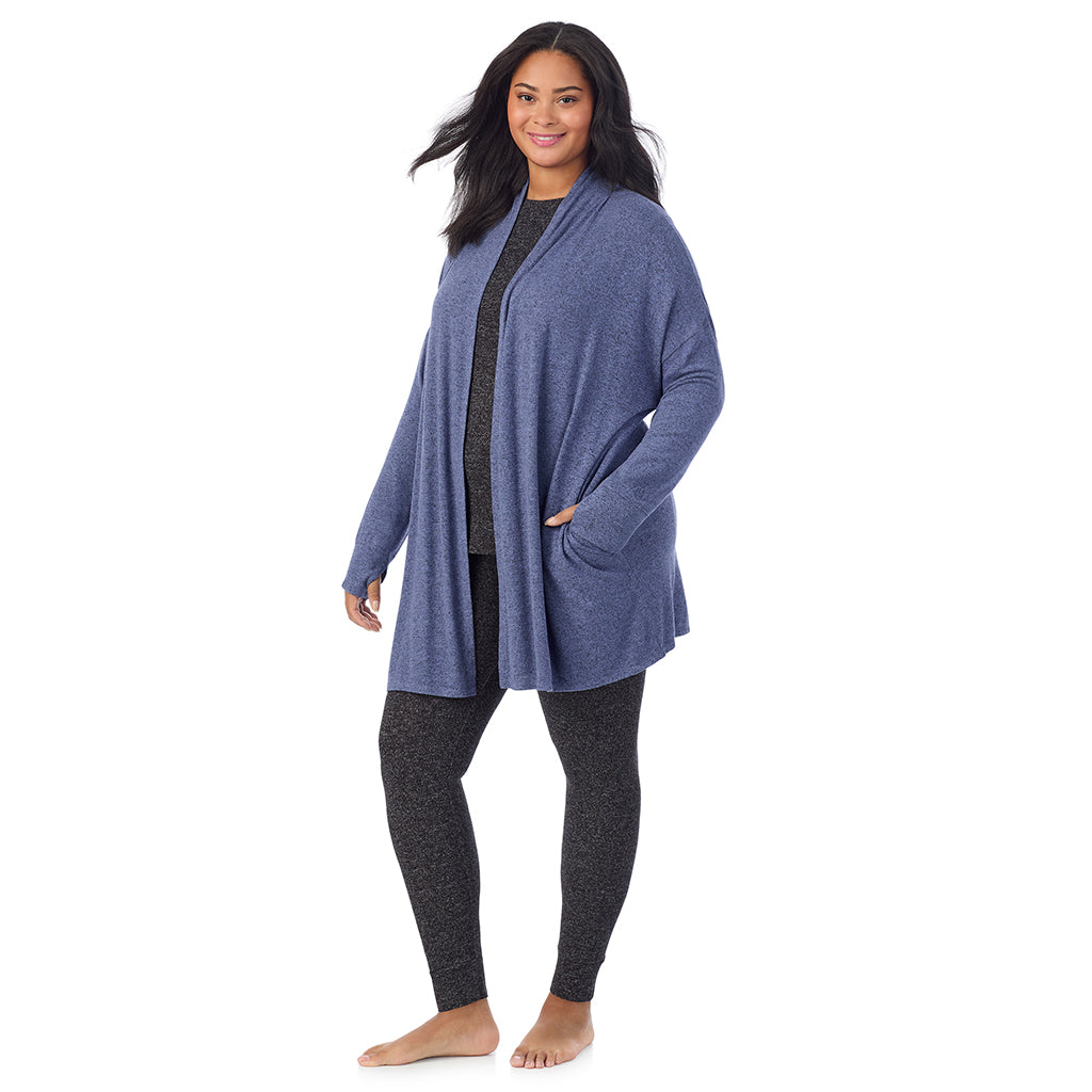 Marled Velvet Blue; Model is wearing size 1X. She is 5'11", Bust 36", Waist 36.5", Hips 47.5".@ A Lady is wearing Marled Velvet Blue Soft Knit Wrap PLUS
