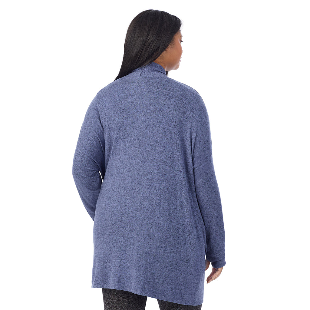 Marled Velvet Blue; Model is wearing size 1X. She is 5'11", Bust 36", Waist 36.5", Hips 47.5".@ A Lady is wearing Marled Velvet Blue Soft Knit Wrap PLUS