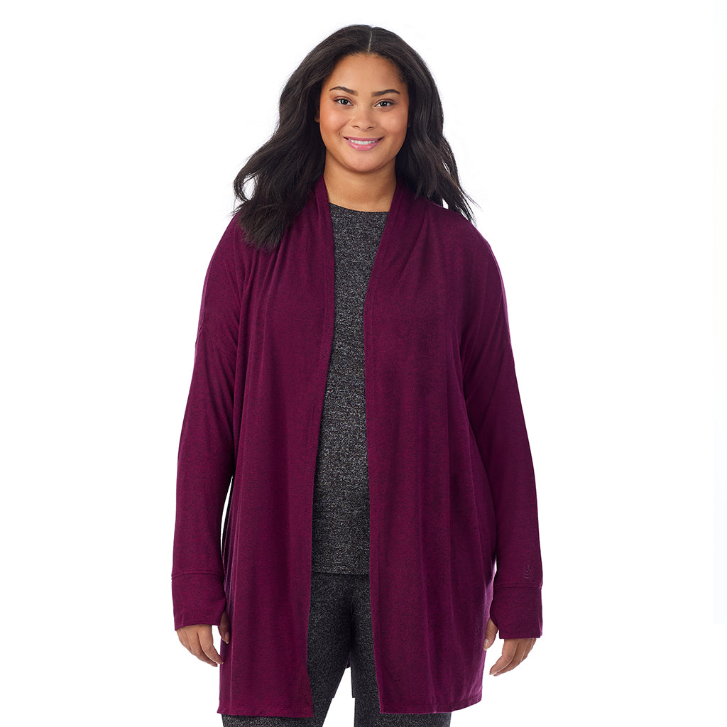 Marled Dark Purple; Model is wearing size 1X. She is 5'11", Bust 36", Waist 36.5", Hips 47.5".@ A Lady is wearing Marled Dark Purple Soft Knit Wrap PLUS