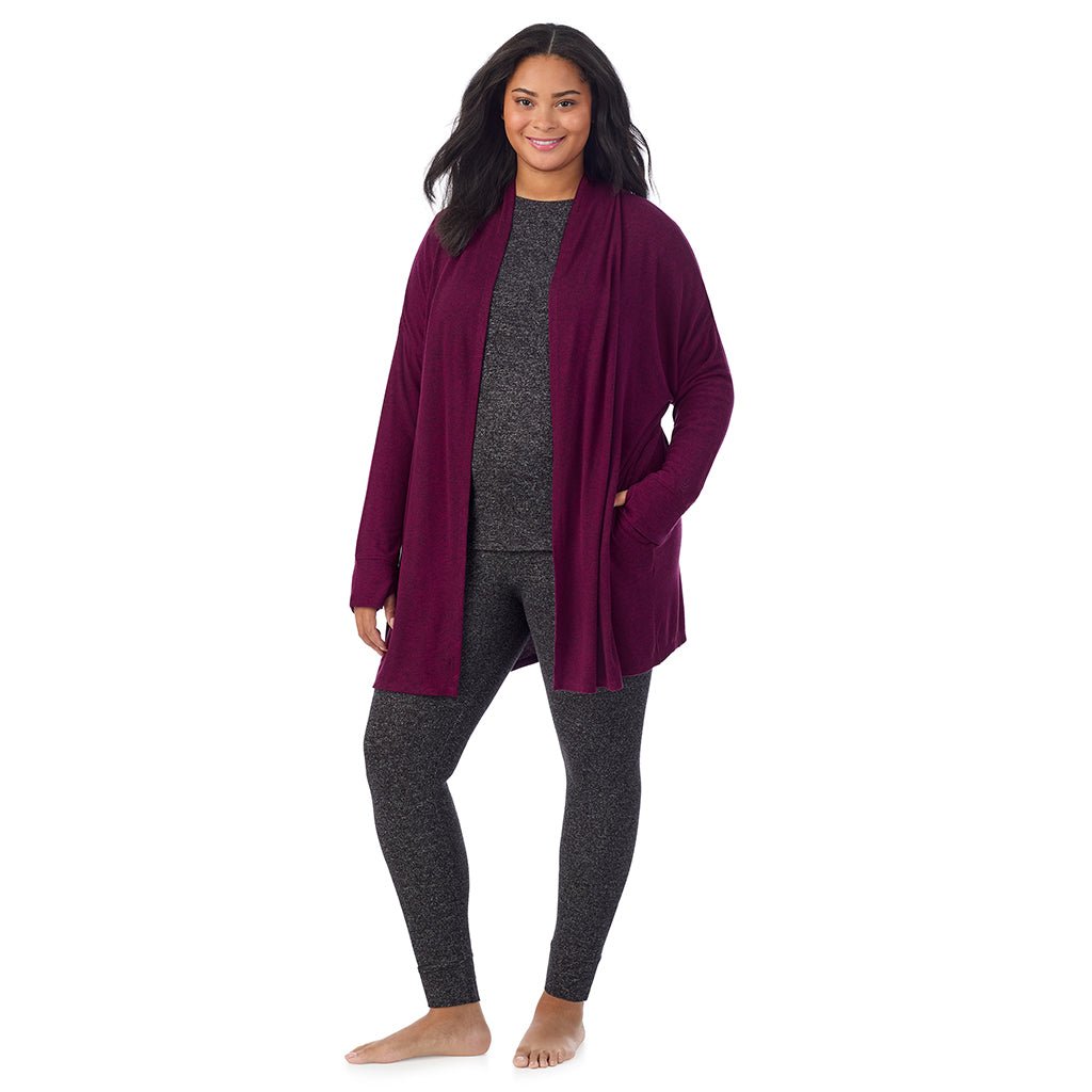 Marled Dark Purple; Model is wearing size 1X. She is 5'11", Bust 36", Waist 36.5", Hips 47.5".@ A Lady is wearing Marled Dark Purple Soft Knit Wrap PLUS