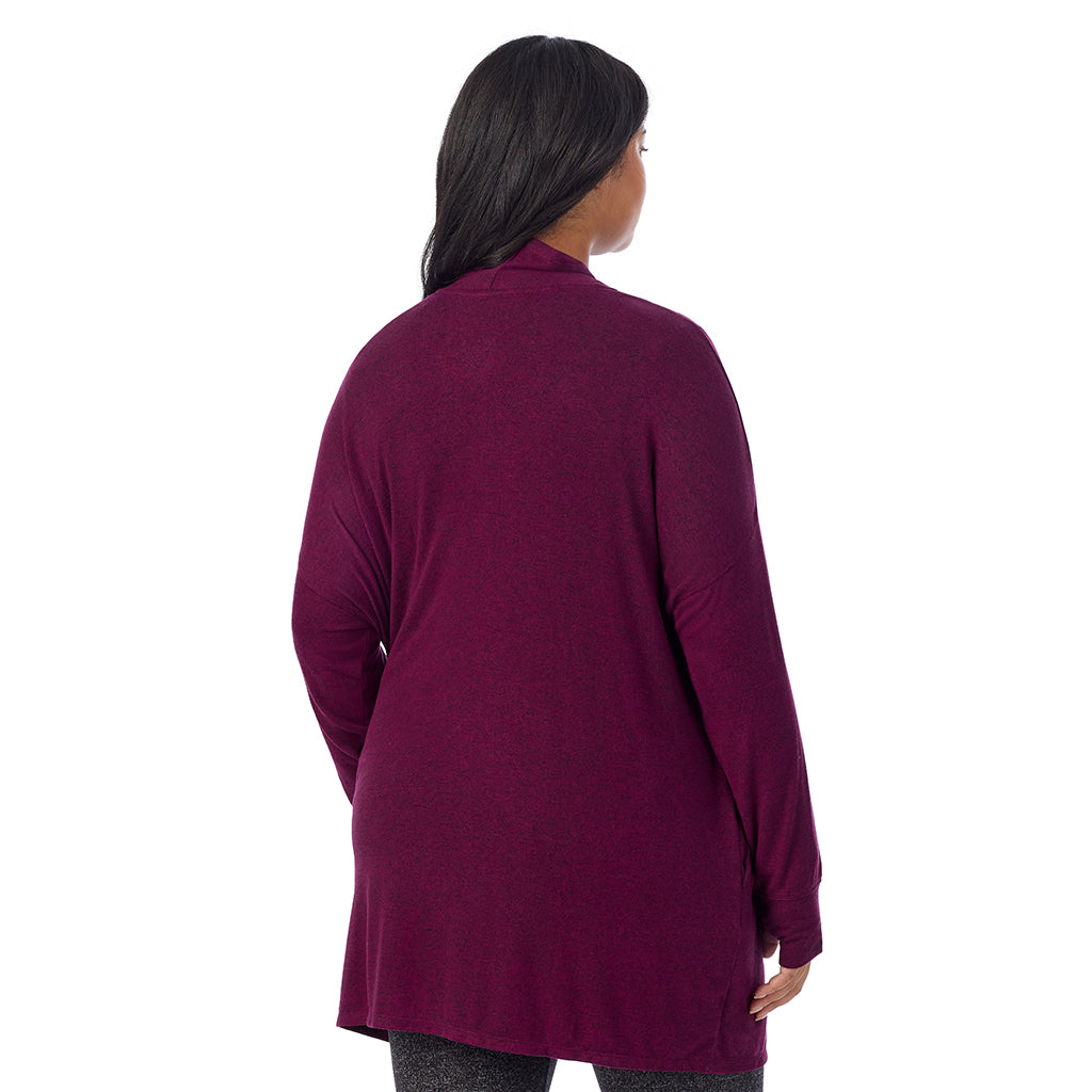 Marled Dark Purple; Model is wearing size 1X. She is 5'11", Bust 36", Waist 36.5", Hips 47.5".@ A Lady is wearing Marled Dark Purple Soft Knit Wrap PLUS