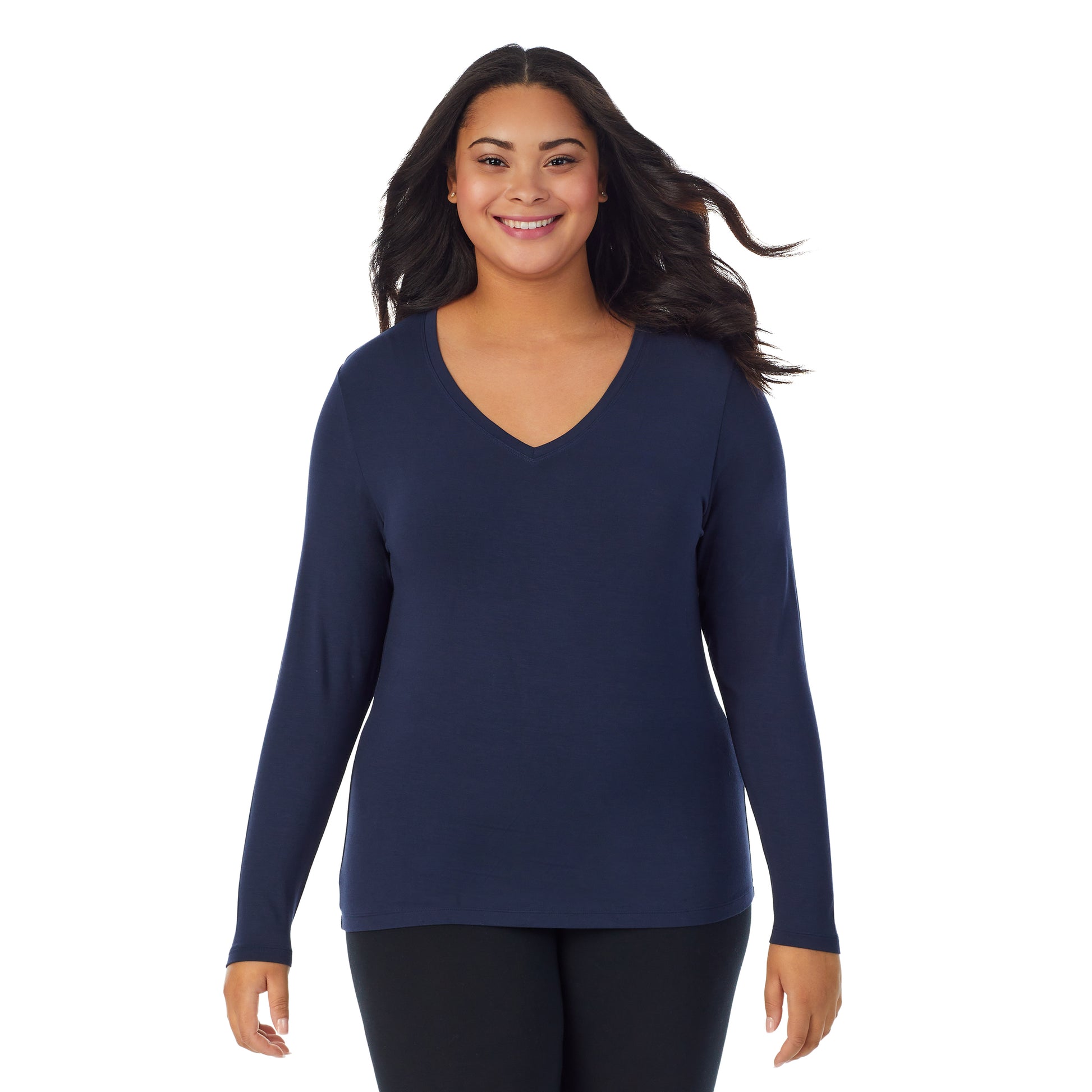 A lady wearing navy blazer long sleeve v-neck plus softwer with stretch top.