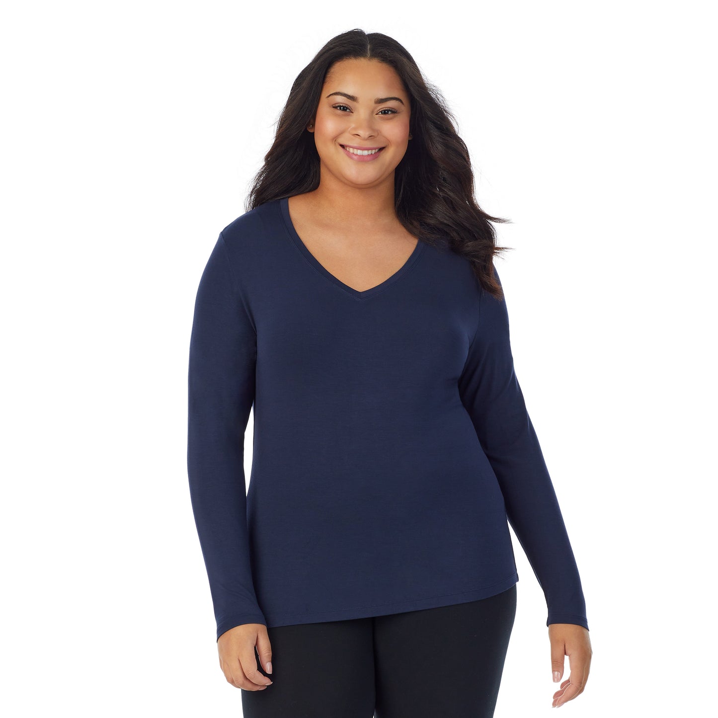 Navy Blazer; Model is wearing size 1X. She is 5'11", Bust 36", Waist 36.5", Hips 47.5". @A lady wearing navy blazer long sleeve v-neck plus softwer with stretch top.