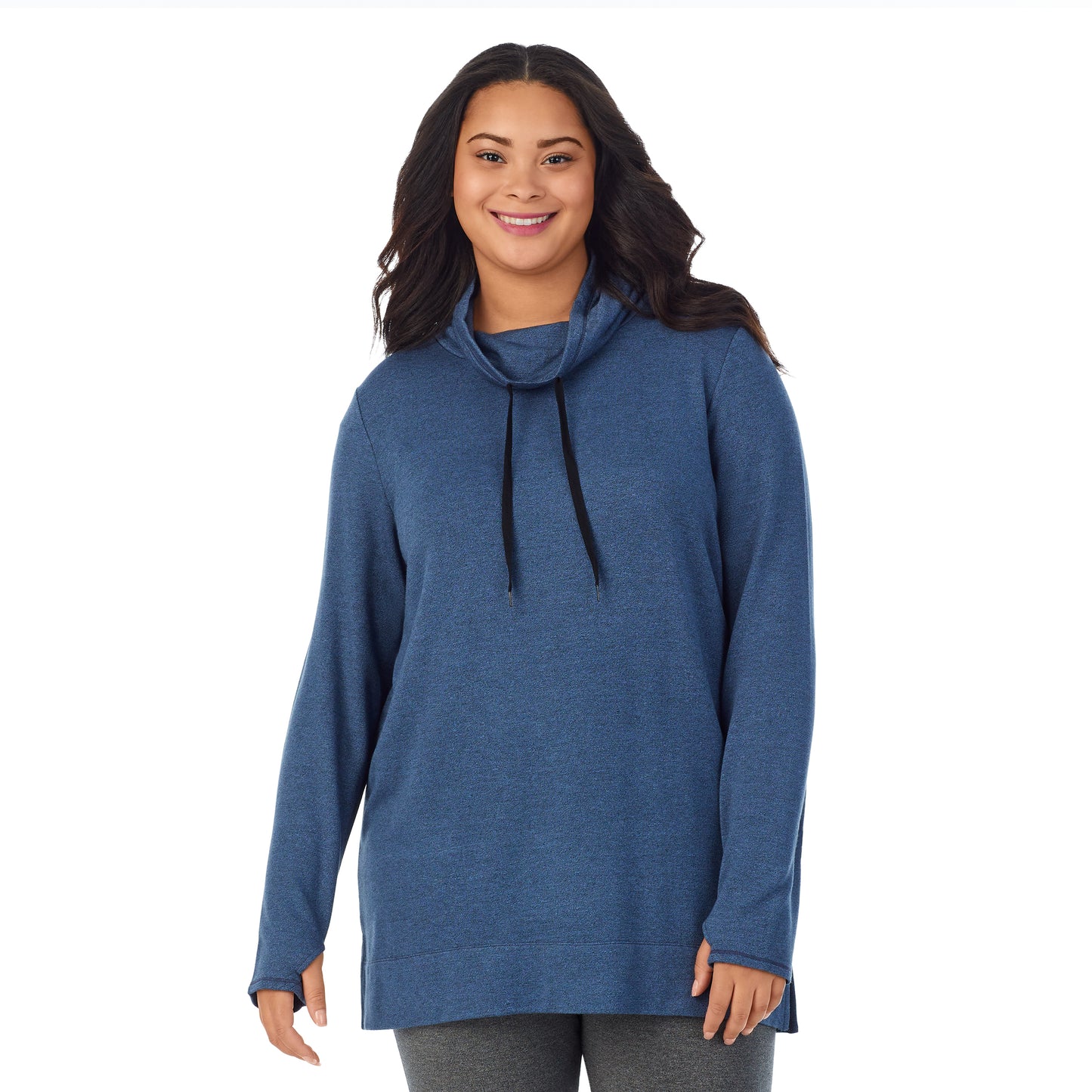 Ultramarine Heather;Model is wearing size 1X. She is 5’11”, Bust 36”, Waist 36.5”, Hips 47.5”.@A lady wearing Ultra Cozy Long Sleeve Cowl Neck Tunic PLUS