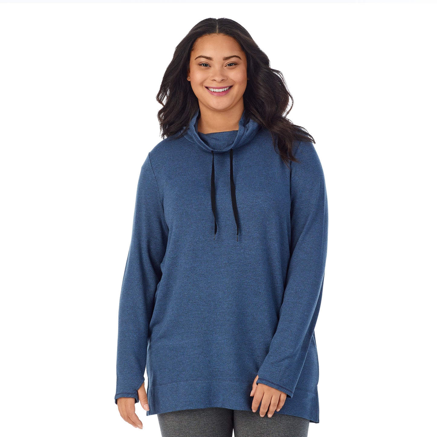 Ultramarine Heather;Model is wearing size 1X. She is 5’11”, Bust 36”, Waist 36.5”, Hips 47.5”.@A lady wearing Ultra Cozy Long Sleeve Cowl Neck Tunic PLUS