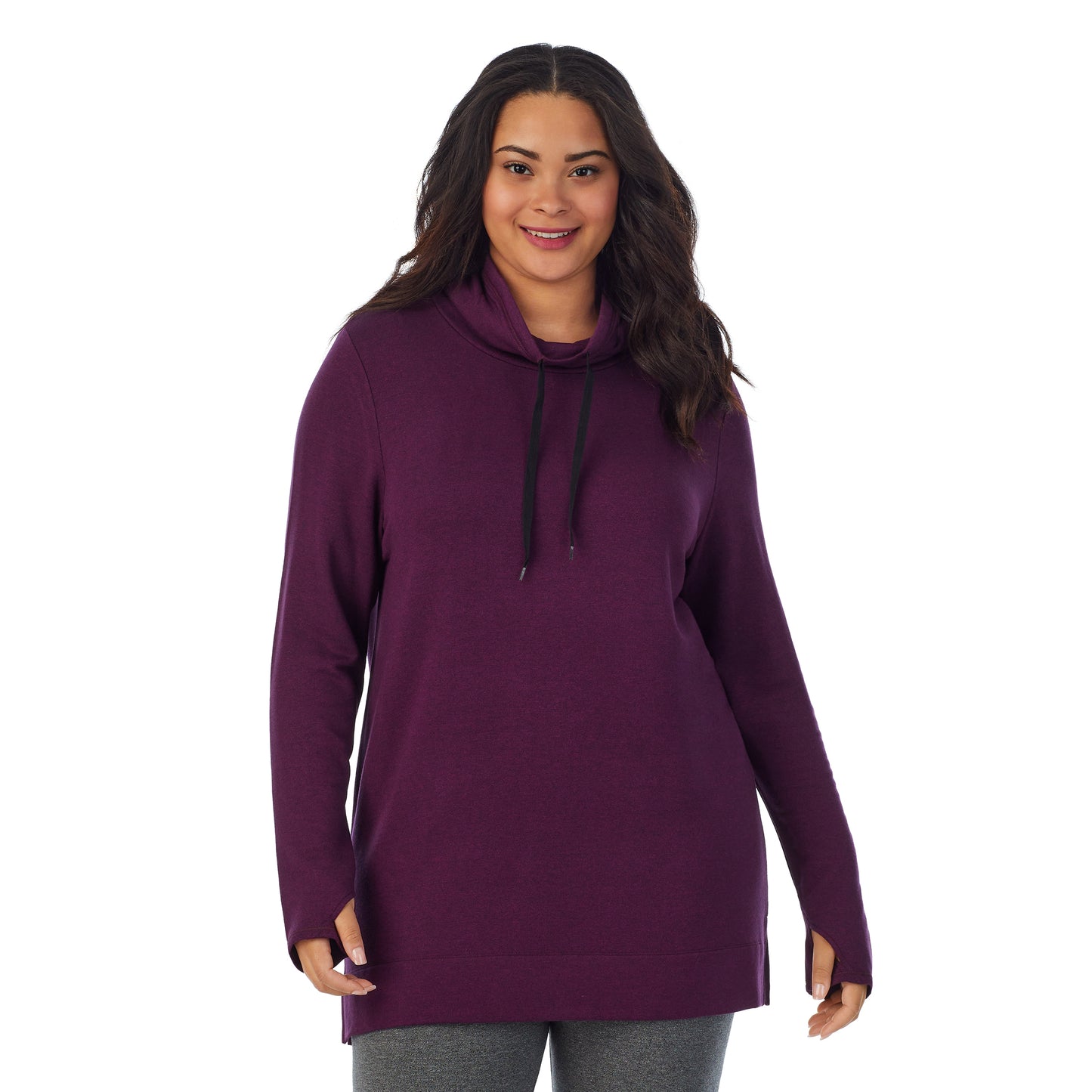 Purple Beet Heather;Model is wearing size 1X. She is 5’11”, Bust 36”, Waist 36.5”, Hips 47.5”.@A lady wearing Ultra Cozy Long Sleeve Cowl Neck Tunic PLUS