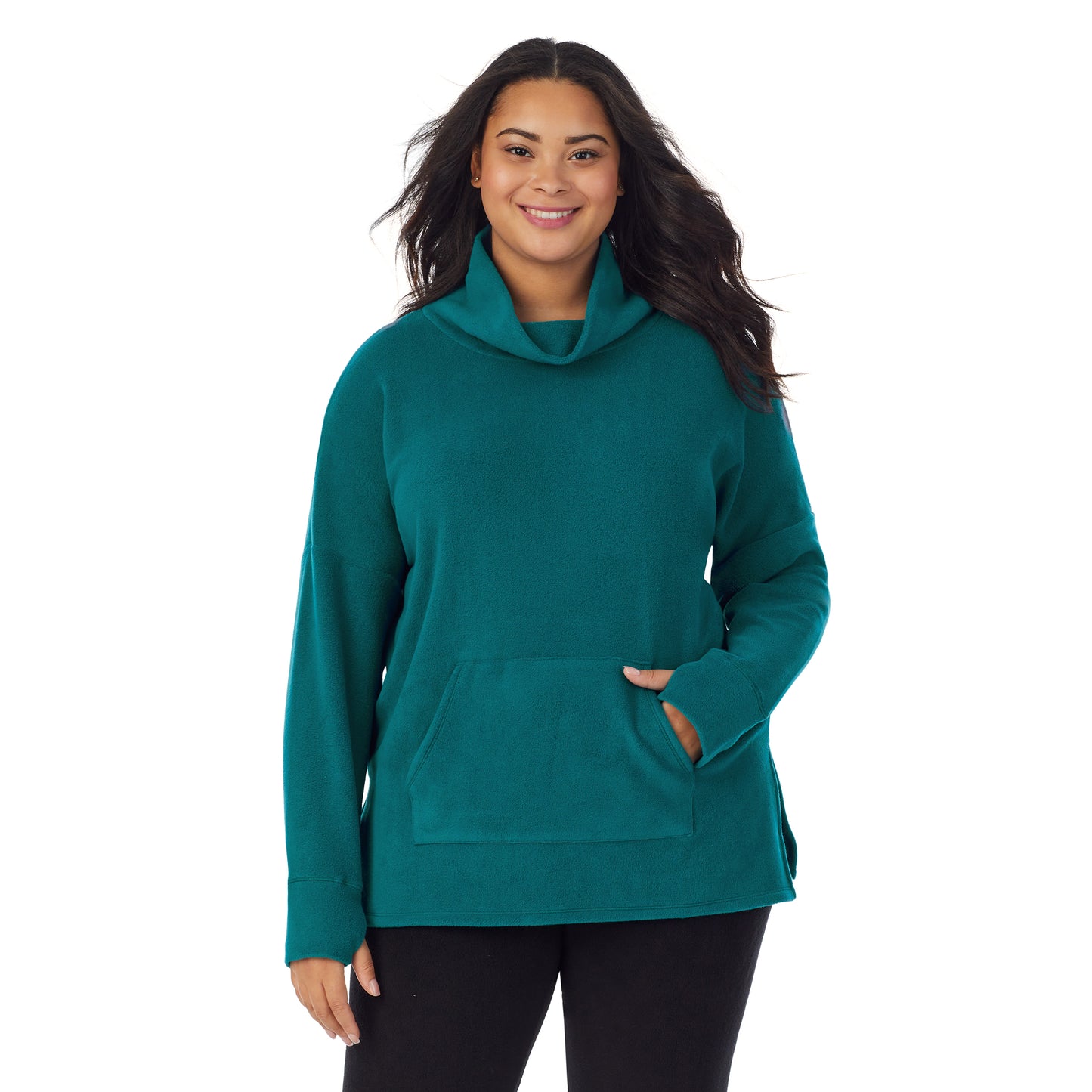 Teal Lagoon;Model is wearing size 1X. She is 5’11”, Bust 36”, Waist 36.5”, Hips 47.5”.@A lady wearing teal lagoon fleecewear with stretch lounge long sleeve tunic plus.