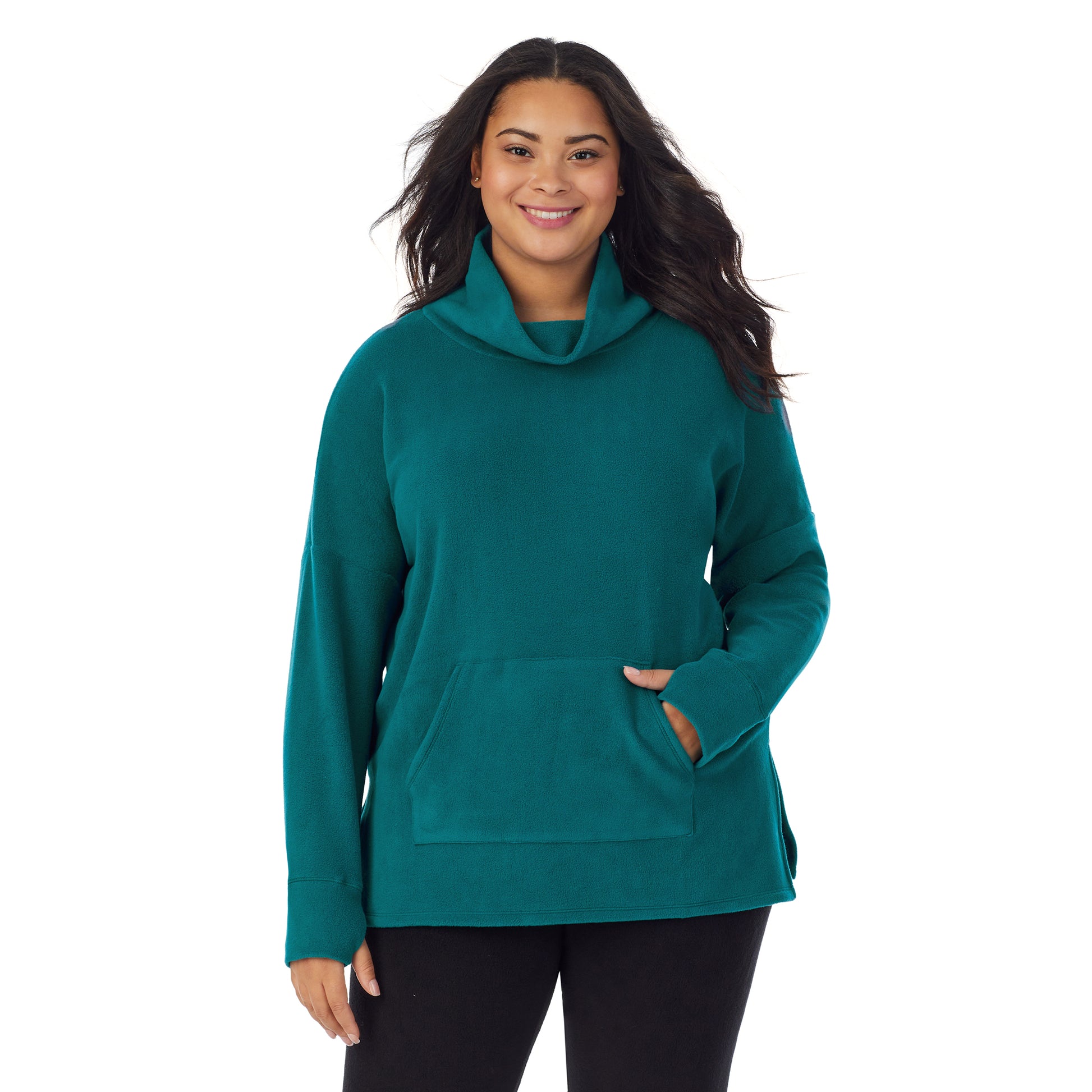 A lady wearing teal lagoon fleecewear with stretch lounge long sleeve tunic plus.
