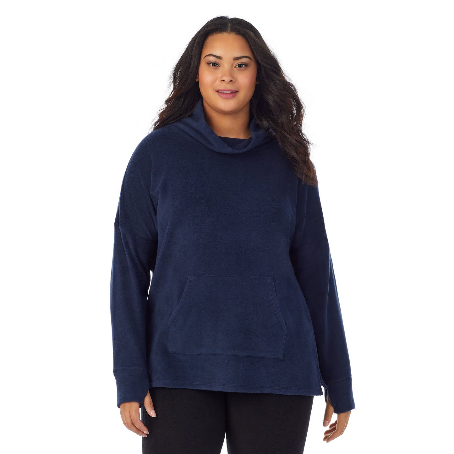 Navy Blazer;Model is wearing size 1X. She is 5’11”, Bust 36”, Waist 36.5”, Hips 47.5”.@A lady wearing navy blazer fleecewear with stretch lounge long sleeve tunic plus.