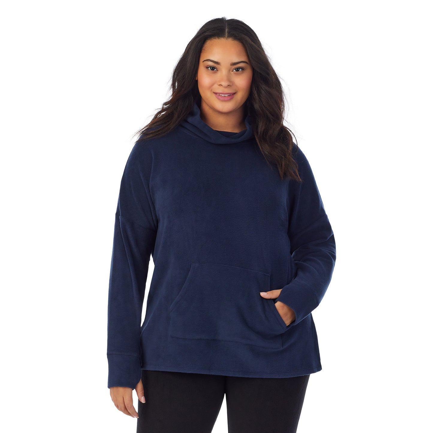 Navy Blazer;Model is wearing size 1X. She is 5’11”, Bust 36”, Waist 36.5”, Hips 47.5”.@A lady wearing navy blazer fleecewear with stretch lounge long sleeve tunic plus.