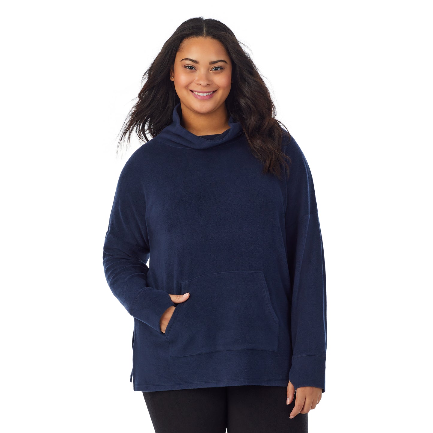 Navy Blazer;Model is wearing size 1X. She is 5’11”, Bust 36”, Waist 36.5”, Hips 47.5”.@A lady wearing navy blazer fleecewear with stretch lounge long sleeve tunic plus.