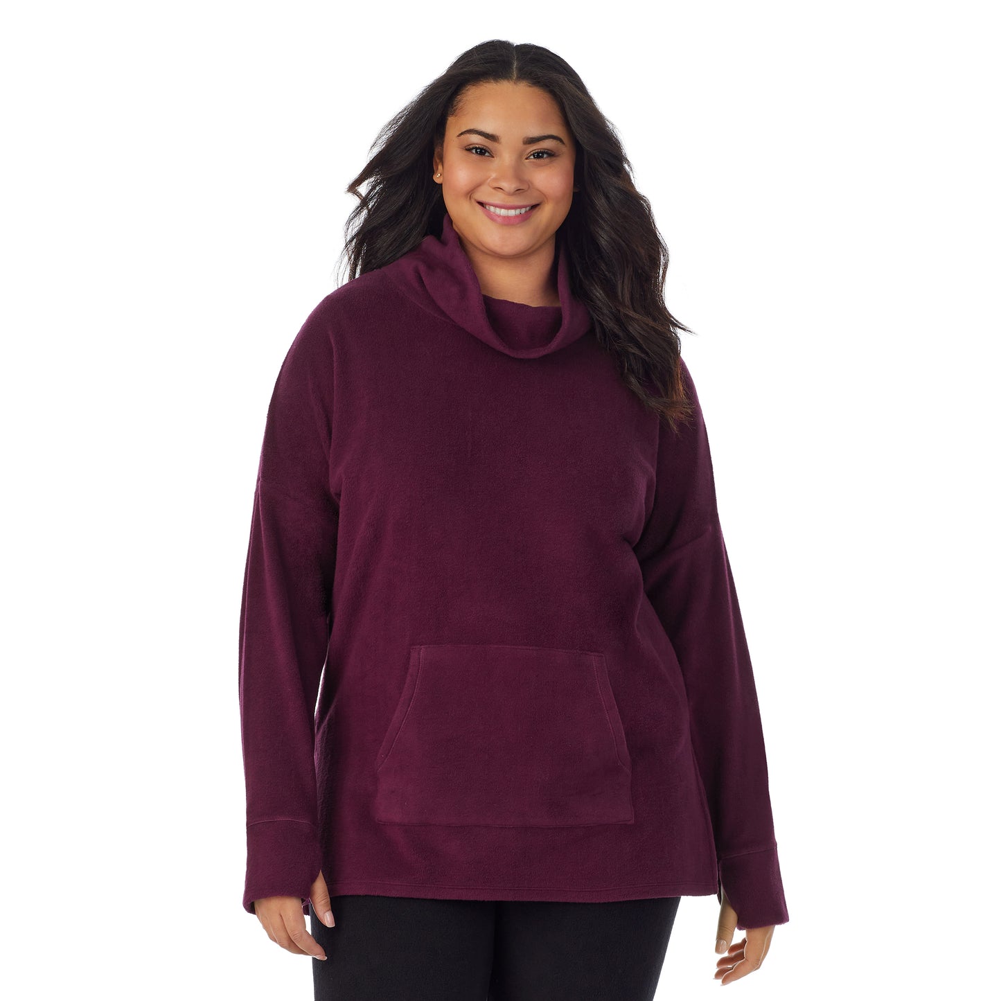 Purple Beet;Model is wearing size 1X. She is 5’11”, Bust 36”, Waist 36.5”, Hips 47.5”.@A lady wearing purple beet fleecewear with stretch lounge long sleeve tunic plus.