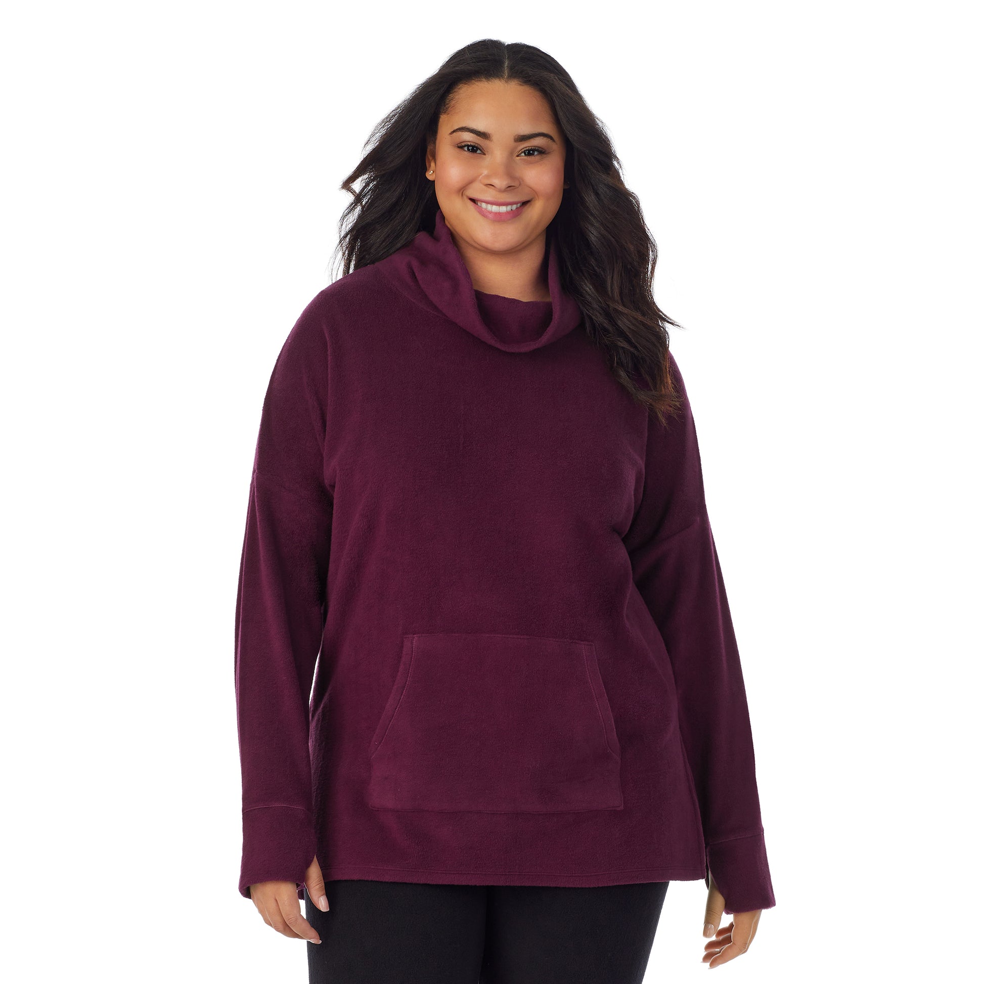 A lady wearing purple beet fleecewear with stretch lounge long sleeve tunic plus.