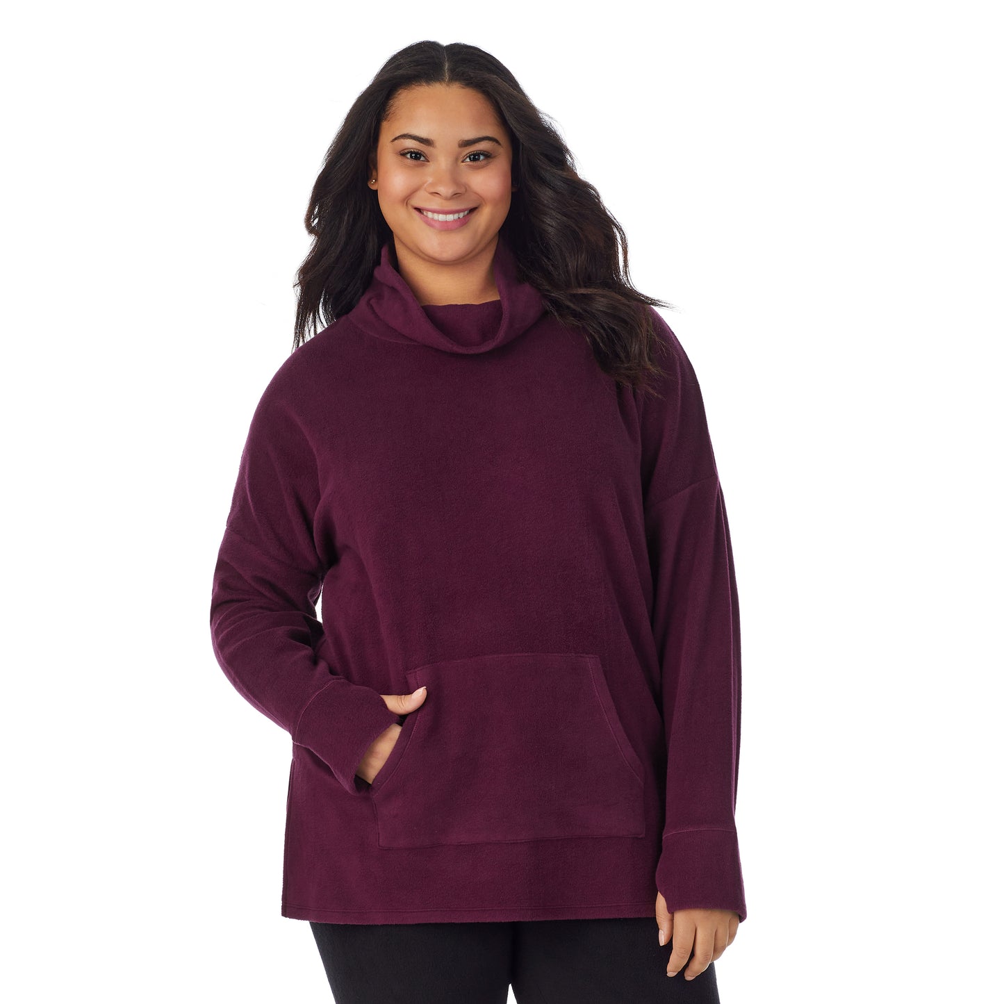 Purple Beet;Model is wearing size 1X. She is 5’11”, Bust 36”, Waist 36.5”, Hips 47.5”.@A lady wearing purple beet fleecewear with stretch lounge long sleeve tunic plus.