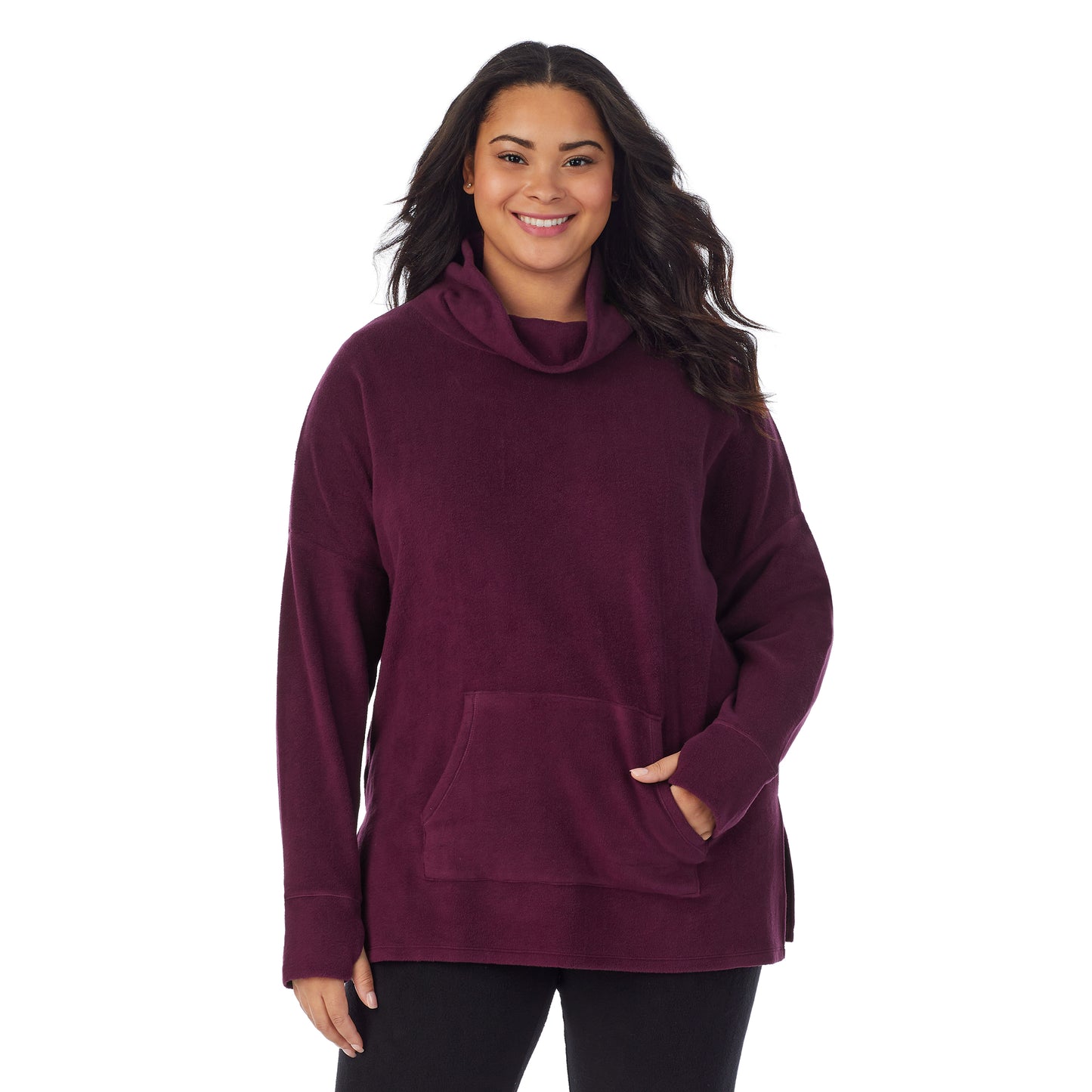 Purple Beet;Model is wearing size 1X. She is 5’11”, Bust 36”, Waist 36.5”, Hips 47.5”.@A lady wearing purple beet fleecewear with stretch lounge long sleeve tunic plus.