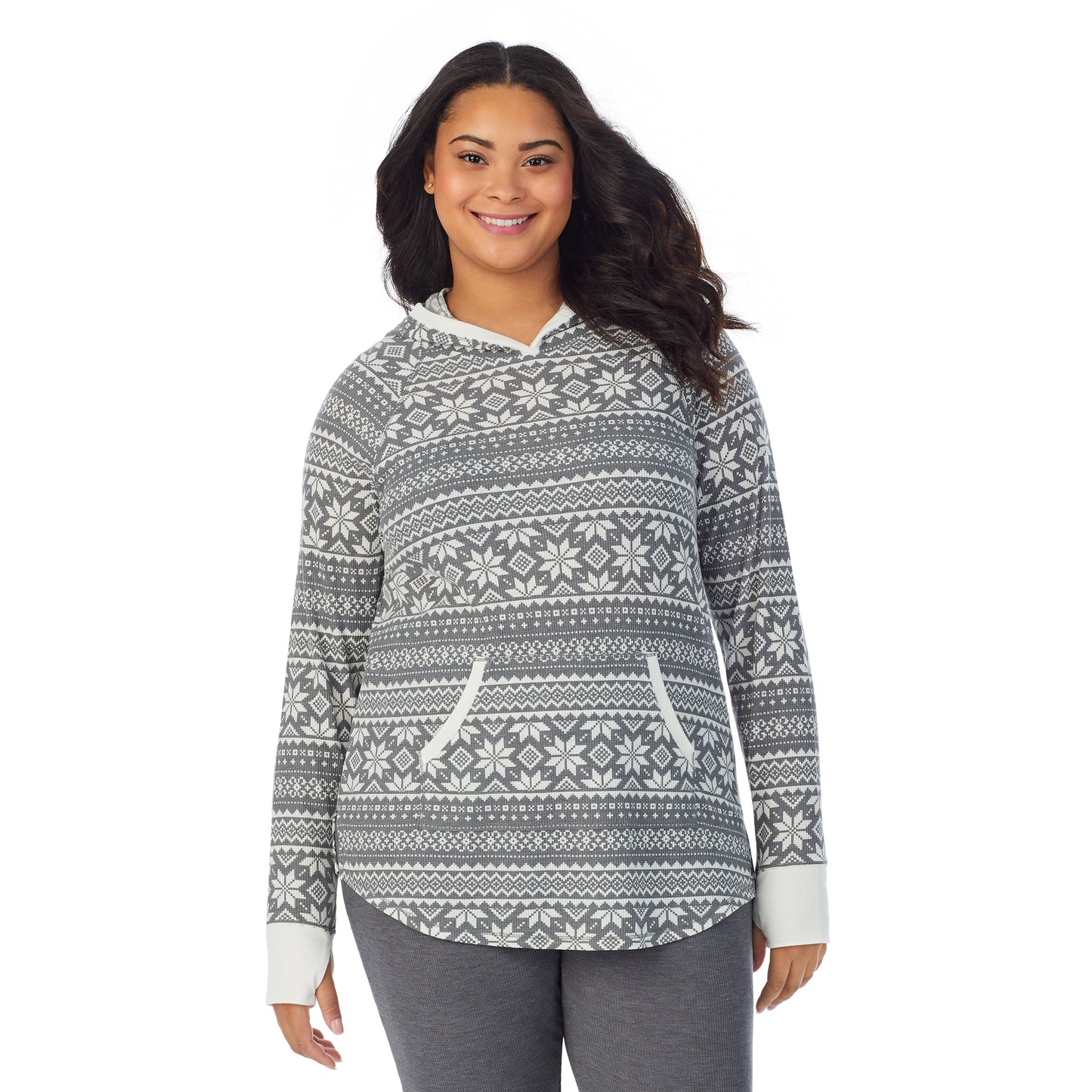 Stone Grey Fairisle; Model is wearing size 1X. She is 5’11”, Bust 36”, Waist 36.5”, Hips 47.5”. @A lady wearing a Stone Grey Fairisle long sleeve hoodie tunic plus.