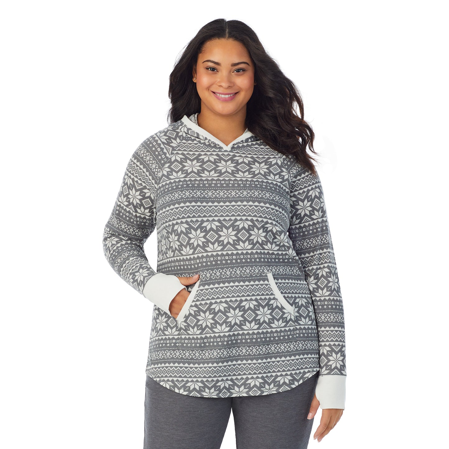 Stone Grey Fairisle; Model is wearing size 1X. She is 5’11”, Bust 36”, Waist 36.5”, Hips 47.5”. @A lady wearing a Stone Grey Fairisle long sleeve hoodie tunic plus.
