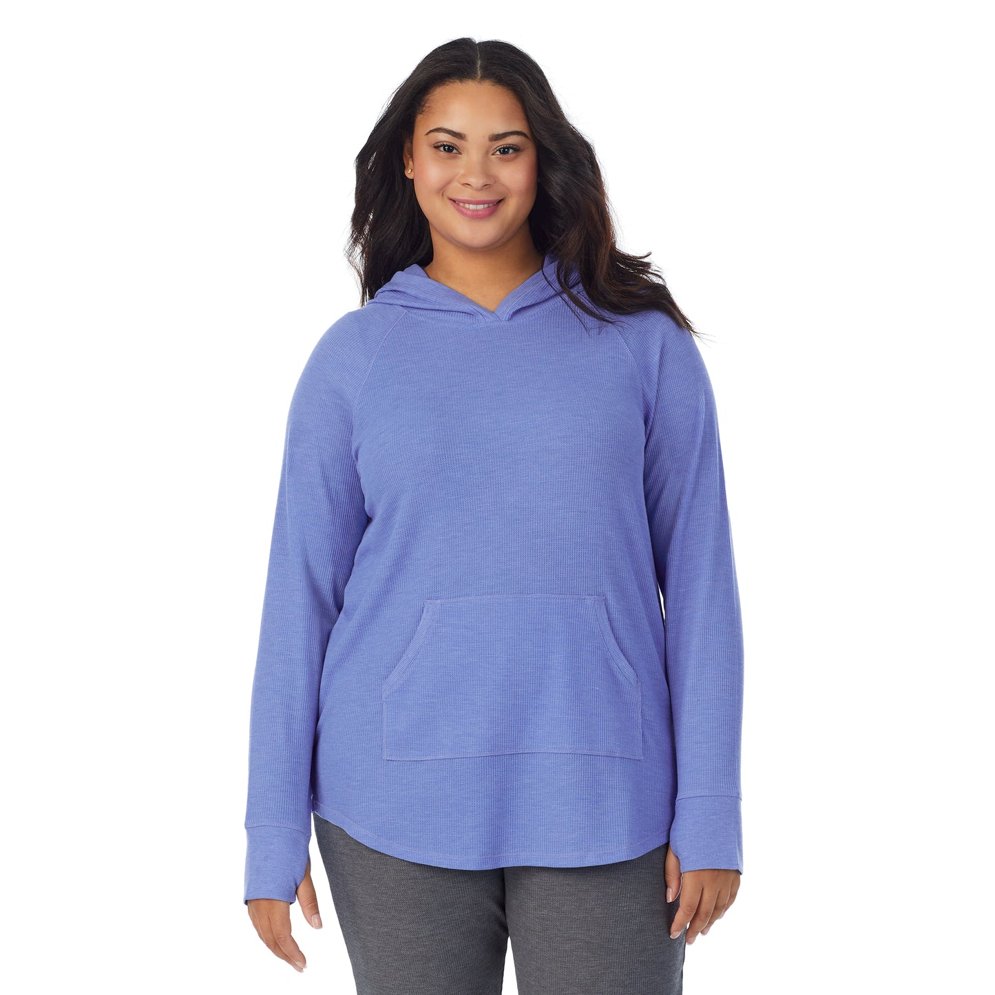 Ultramarine Heather; Model is wearing size 1X. She is 5’11”, Bust 36”, Waist 36.5”, Hips 47.5”. @A lady wearing a Ultramarine Heather long sleeve hoodie tunic plus.