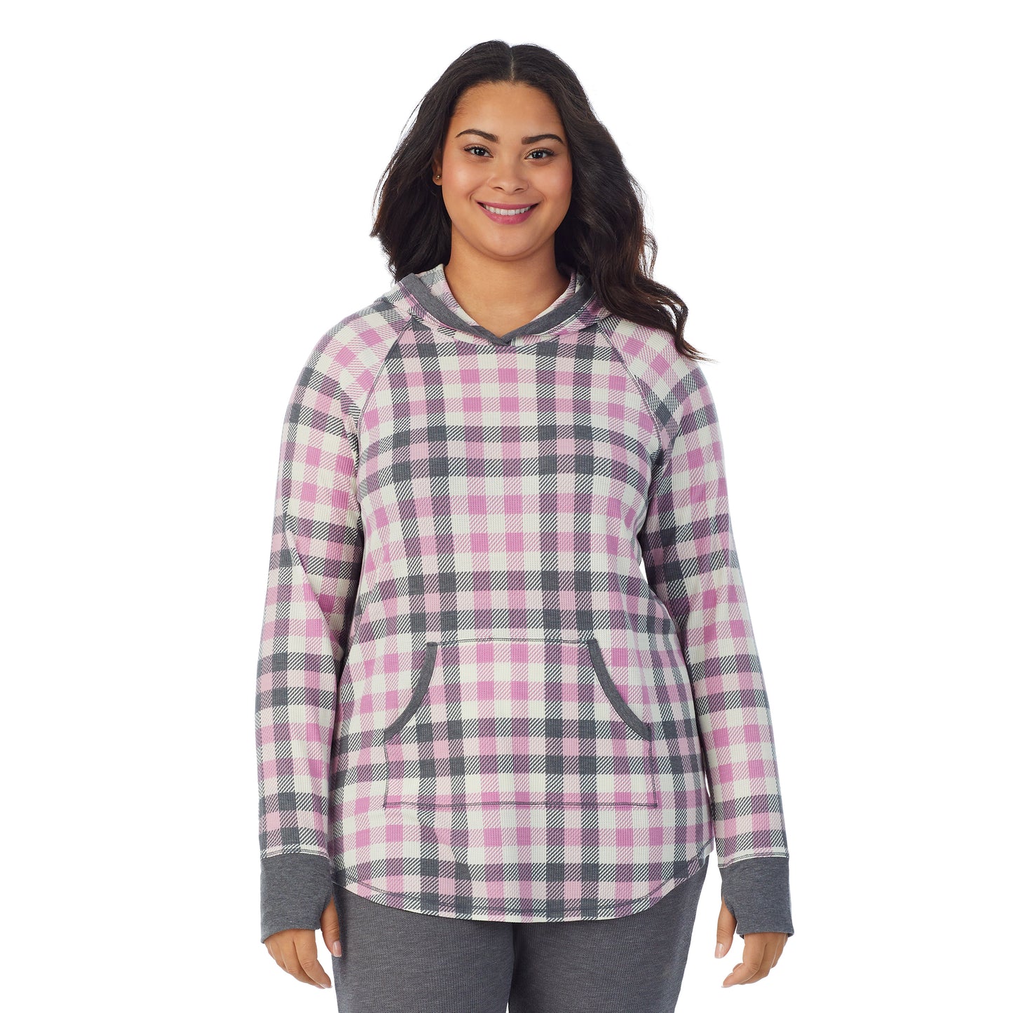 Mulberry Buffalo; Model is wearing size 1X. She is 5’11”, Bust 36”, Waist 36.5”, Hips 47.5”. @A lady wearing a Mulberry Buffalo long sleeve hoodie tunic plus.
