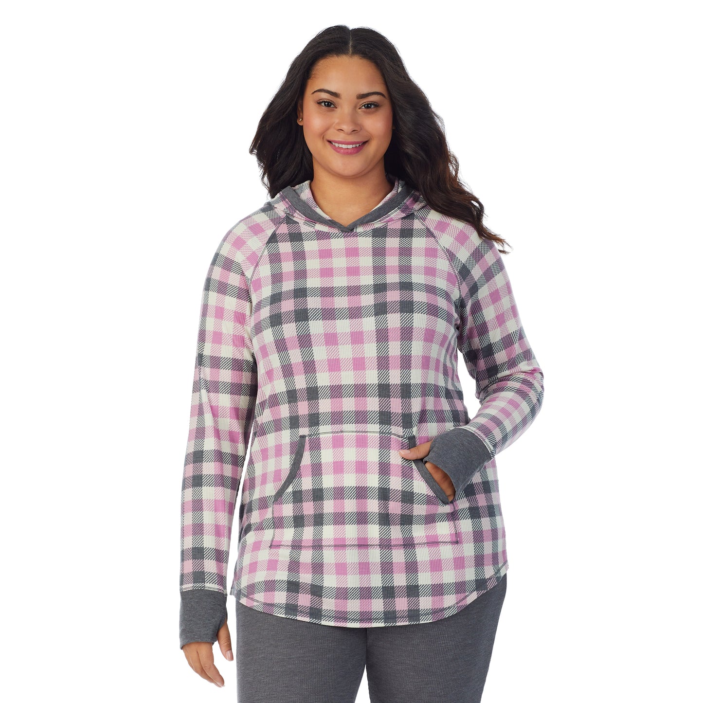 Mulberry Buffalo; Model is wearing size 1X. She is 5’11”, Bust 36”, Waist 36.5”, Hips 47.5”. @A lady wearing a Mulberry Buffalo long sleeve hoodie tunic plus.