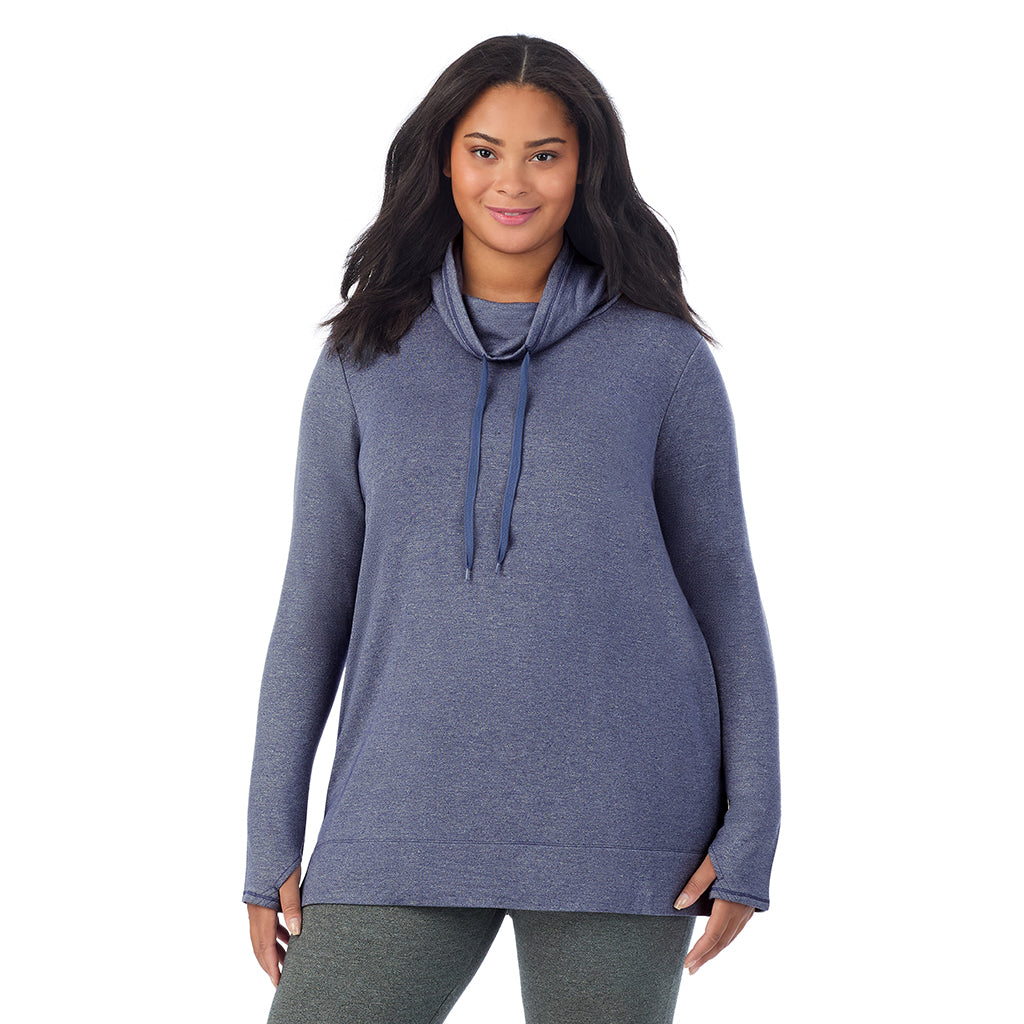Twilight Blue Heather; Model is wearing size 1X. She is 5'11", Bust 36", Waist 36.5", Hips 47.5". @A lady wearing Ultra Cozy Long Sleeve Cowl Neck Tunic PLUS