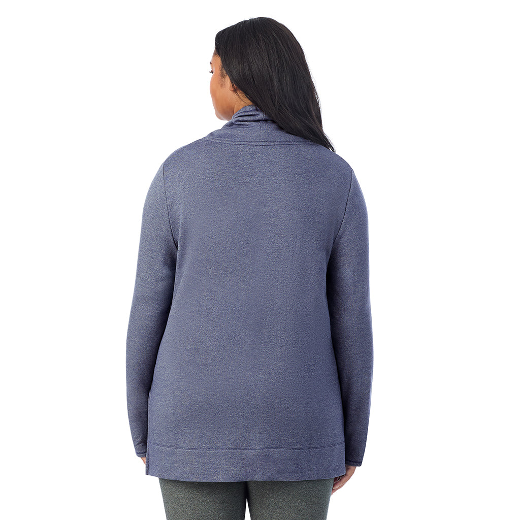 Twilight Blue Heather; Model is wearing size 1X. She is 5'11", Bust 36", Waist 36.5", Hips 47.5". @A lady wearing Ultra Cozy Long Sleeve Cowl Neck Tunic PLUS