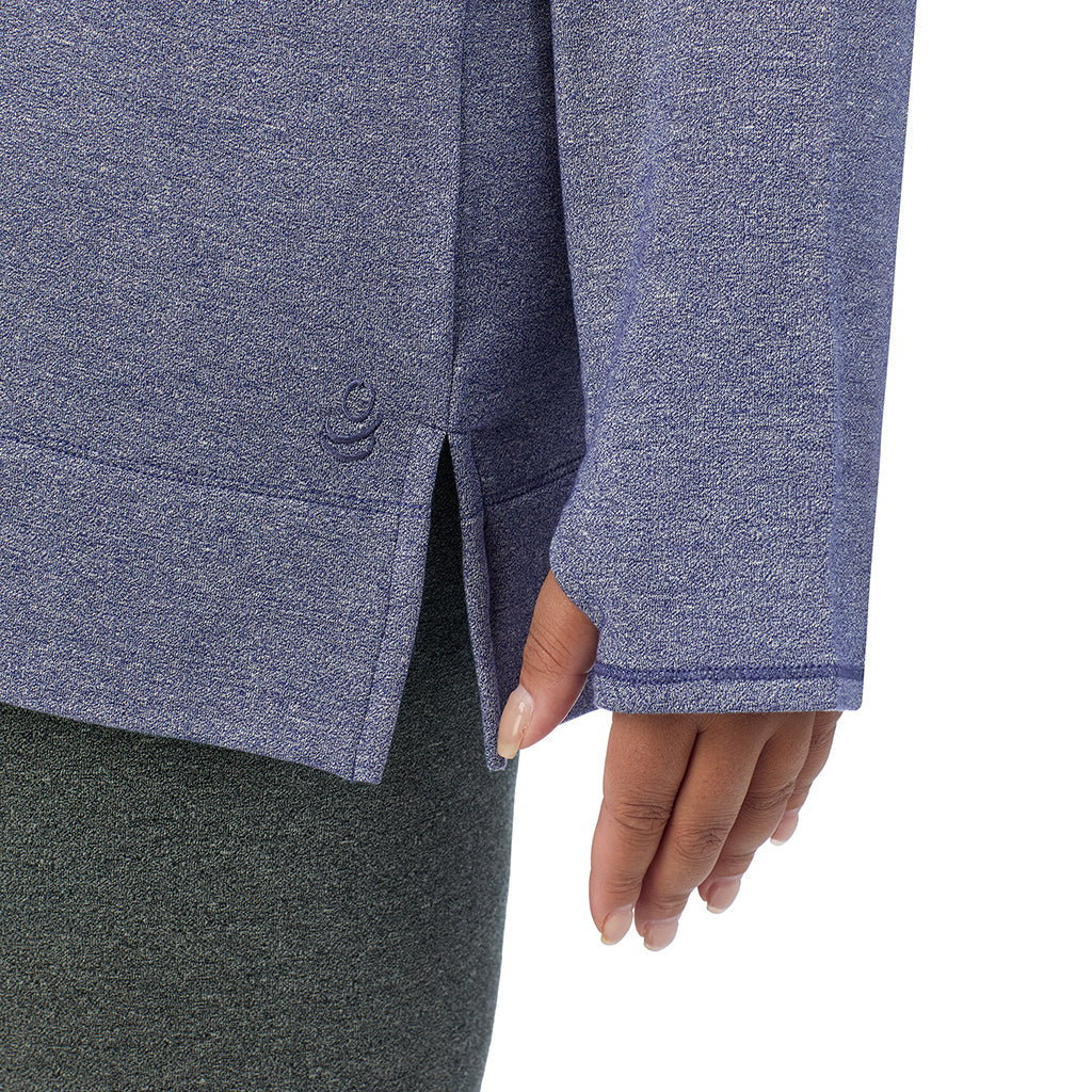 Twilight Blue Heather; Model is wearing size 1X. She is 5'11", Bust 36", Waist 36.5", Hips 47.5". @A lady wearing Ultra Cozy Long Sleeve Cowl Neck Tunic PLUS