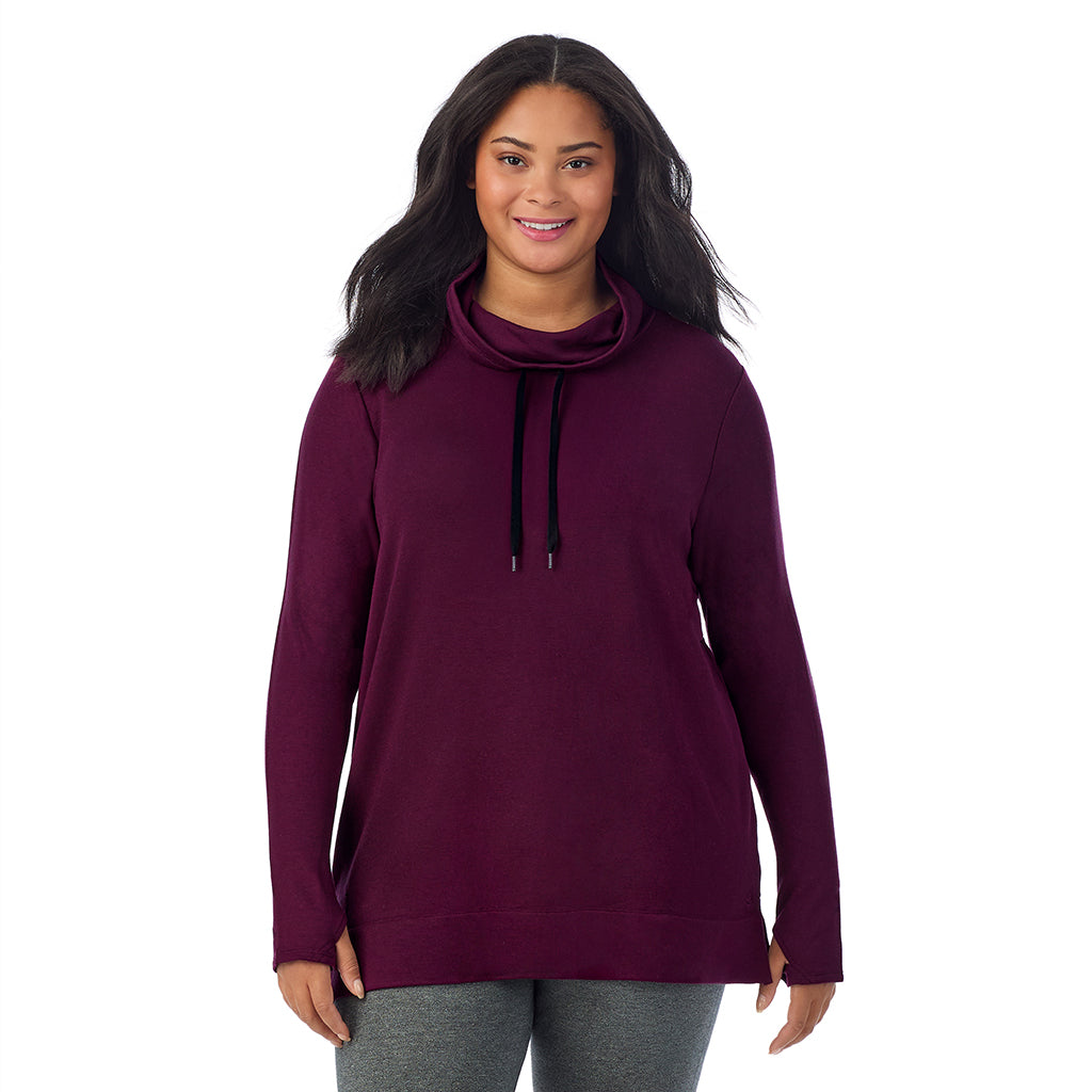 Dark Purple Heather; Model is wearing size 1X. She is 5'11", Bust 36", Waist 36.5", Hips 47.5". @A lady wearing Ultra Cozy Long Sleeve Cowl Neck Tunic PLUS
