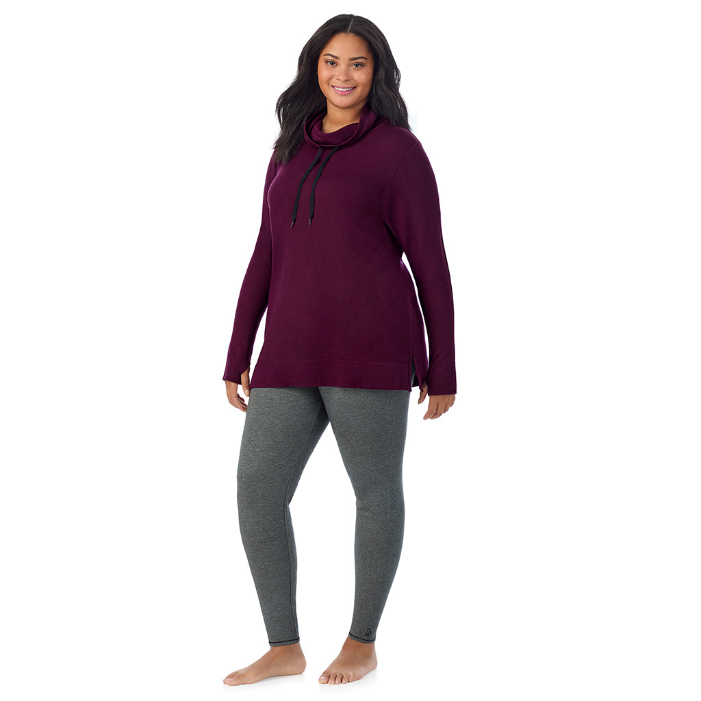 Dark Purple Heather; Model is wearing size 1X. She is 5'11", Bust 36", Waist 36.5", Hips 47.5". @A lady wearing Ultra Cozy Long Sleeve Cowl Neck Tunic PLUS