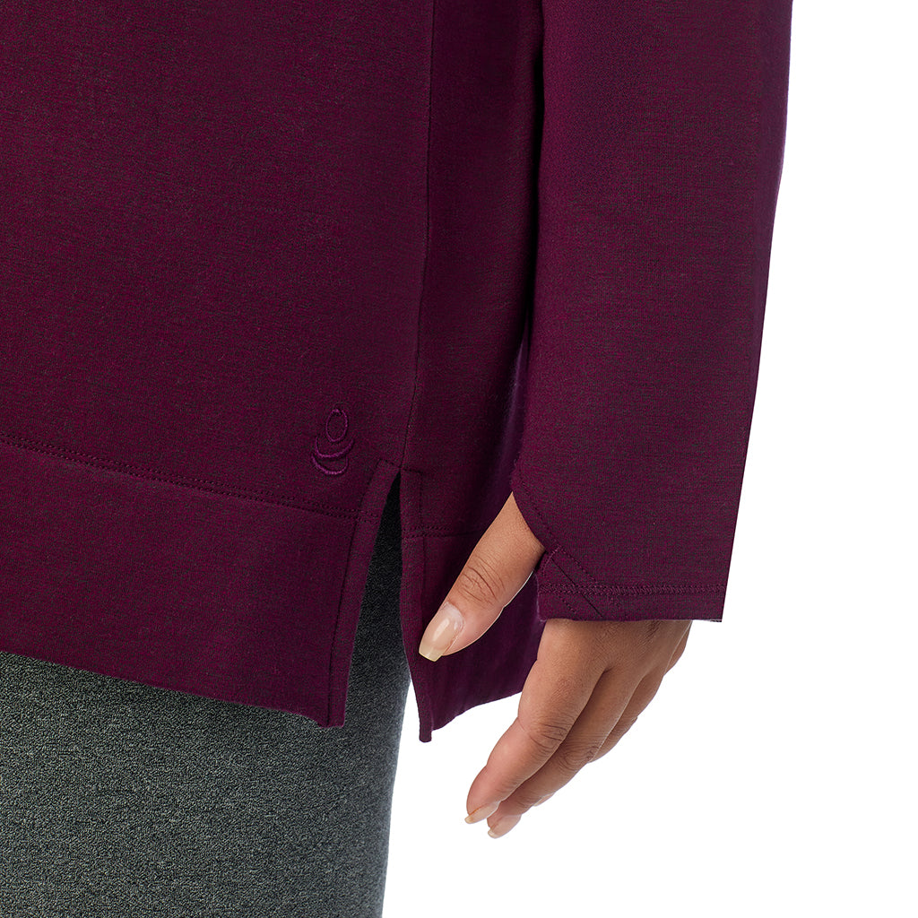 Dark Purple Heather; Model is wearing size 1X. She is 5'11", Bust 36", Waist 36.5", Hips 47.5". @A lady wearing Ultra Cozy Long Sleeve Cowl Neck Tunic PLUS