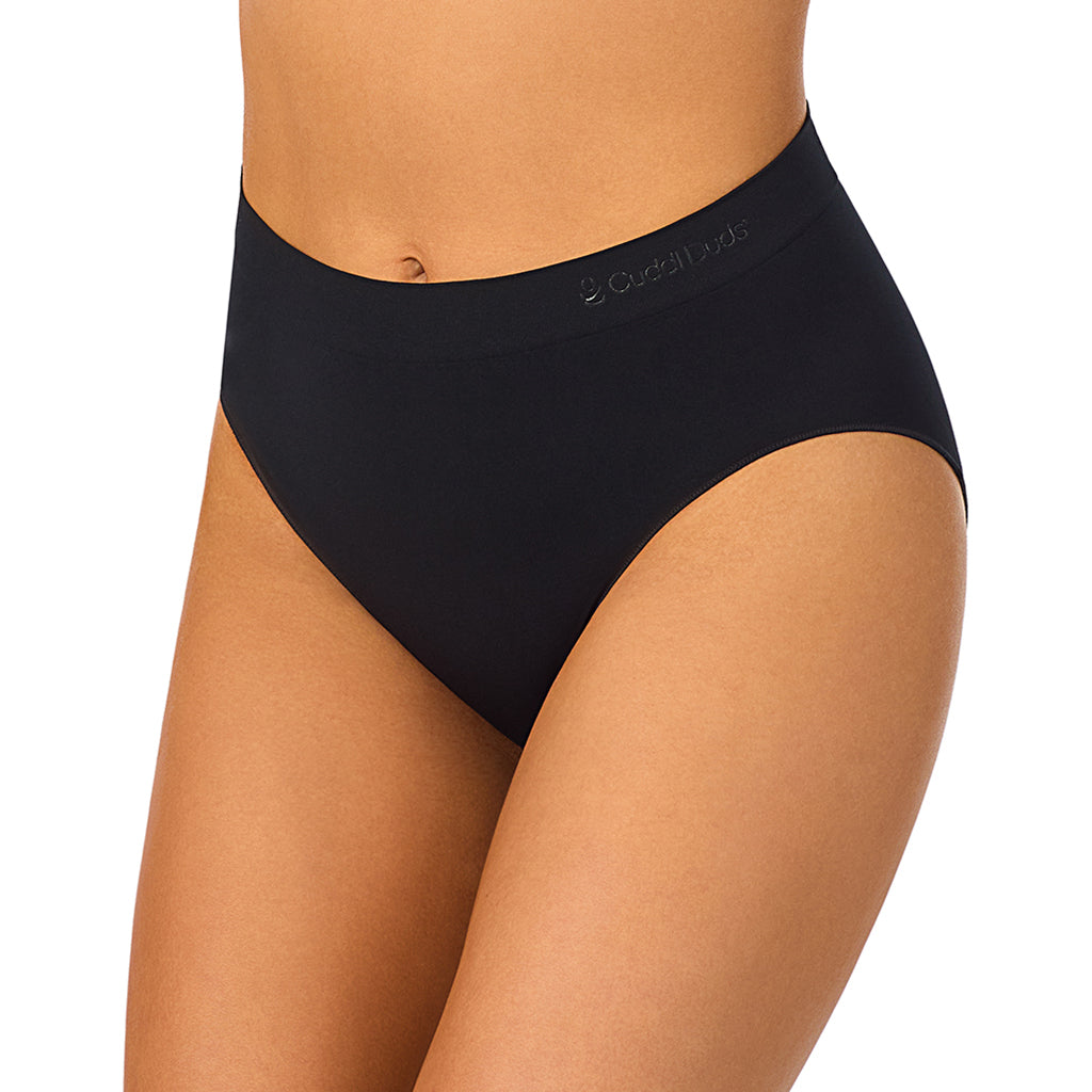 Black/Black/Black;Model is wearing size S. She is 5'8", Bust 34", Waist 25", Hips 36". @A Soft Seamless High-Cut Brief Panty 3-Pack