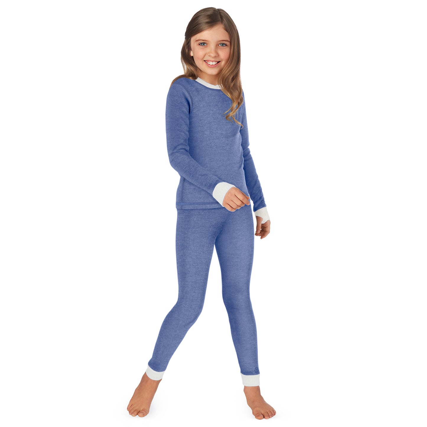 Ultramarine Heather;@A girl wearing ultramarine heather Girls Thermal 2 pc. Long Sleeve Crew & Pant Set !60% Cotton, 40% Polyester!