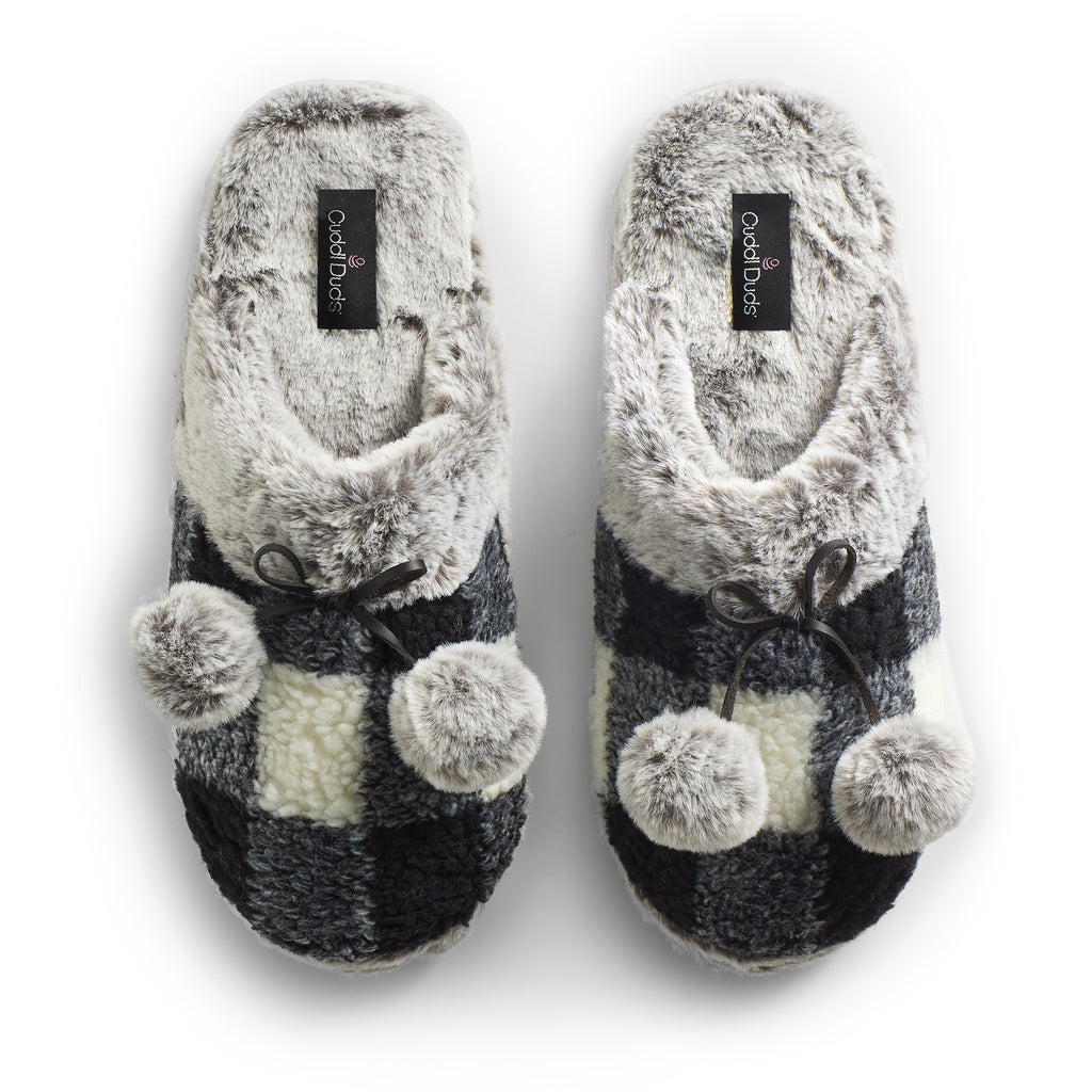 Plaid Sherpa Slipper with Faux Fur Lining & Poms - Cuddl Duds