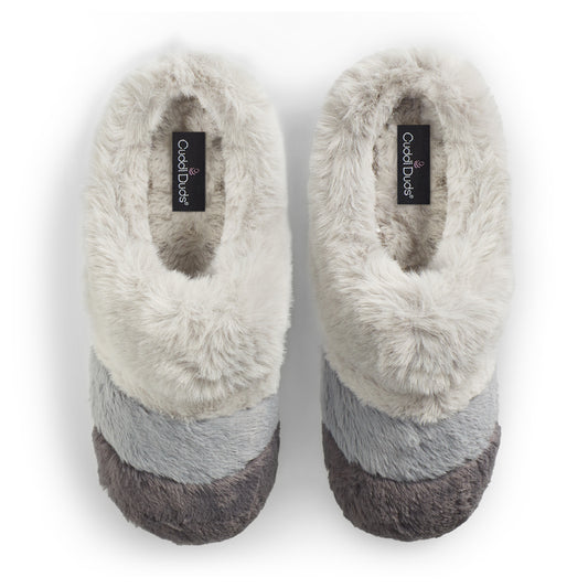 A Faux Fur clog slipper with grey-white layers