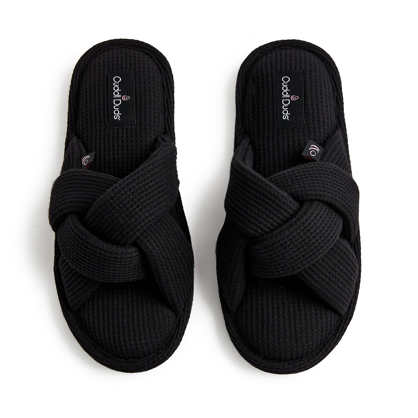 Black;@A heather waffle braid slide slipper.